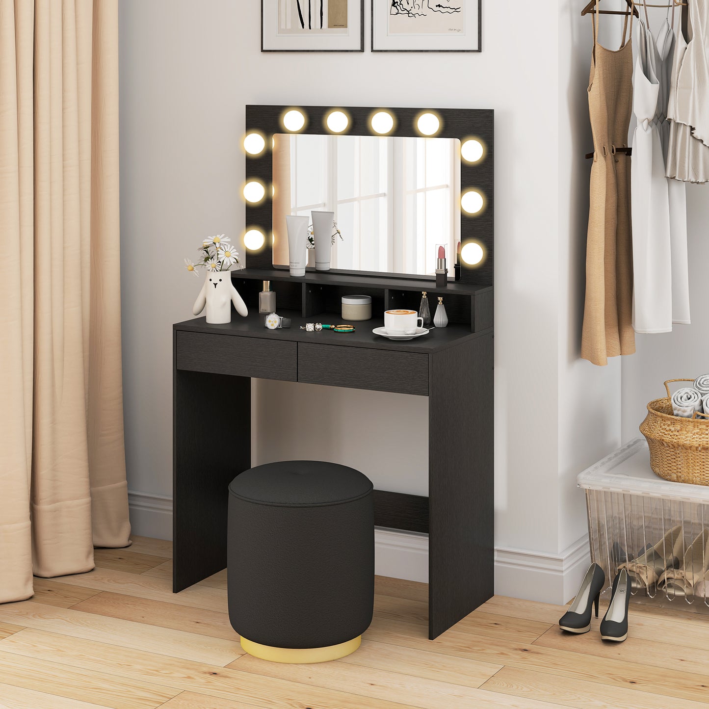 HOMCOM Vanity Table, Makeup Dressing Table with LED Lighting Mirror, Drawers, for Bedroom, Black