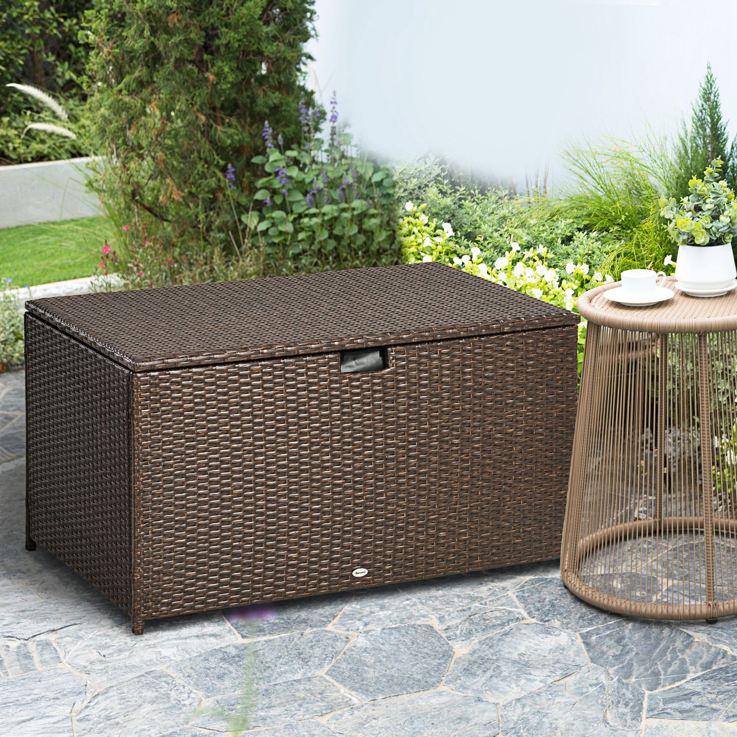 Outsunny 113 Gallon Outdoor Storage Box, Rattan Deck Box for Indoor, Patio Furniture Cushions, Grey