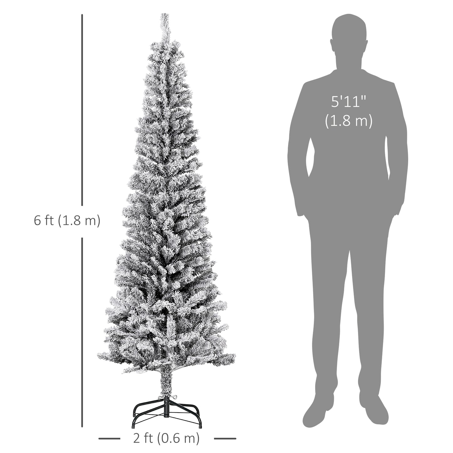 HOMCOM 7.5ft Flocked Christmas Tree, Pencil Christmas Tree with Realistic Branch Tips, Folding Metal Stand, Green