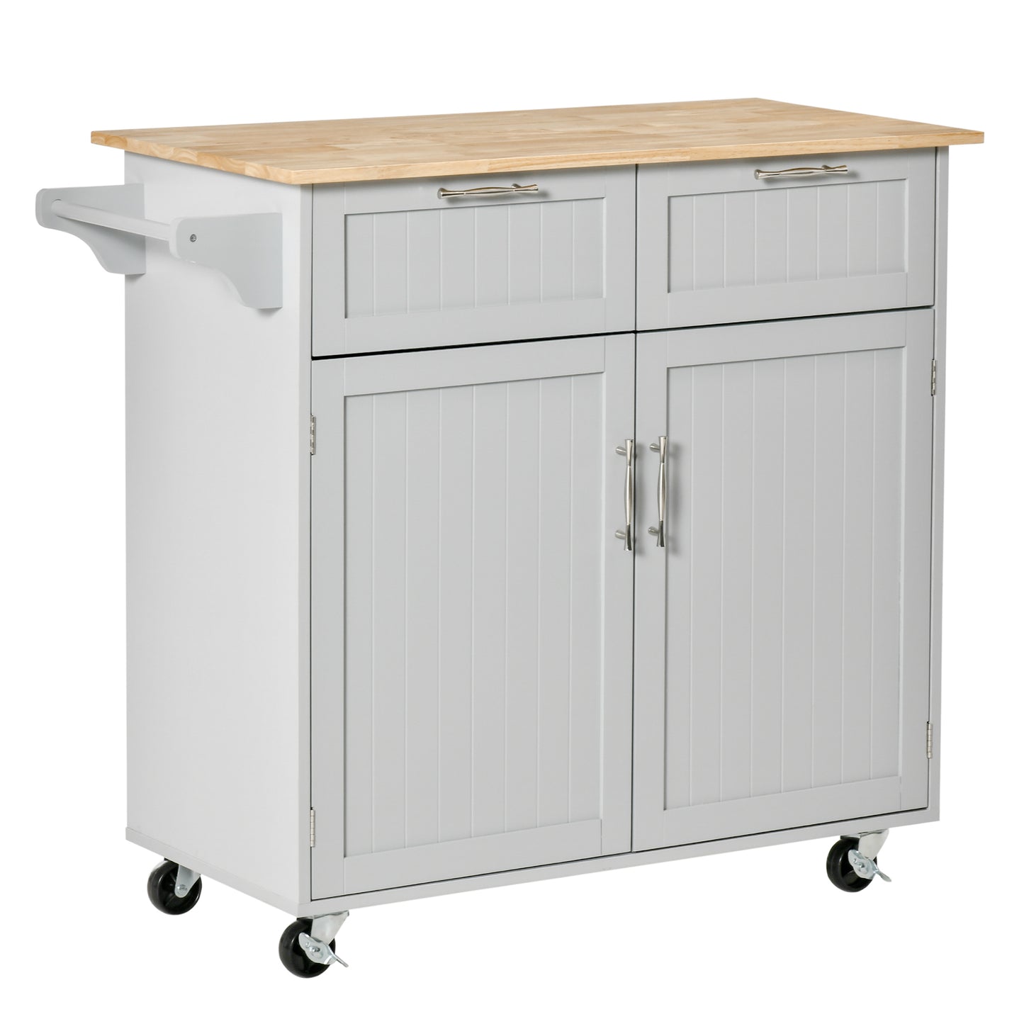 HOMCOM Rolling Kitchen Island with Storage Drawers, Kitchen Cart with Rubber Wood Top, Cabinet & Towel Rack, White