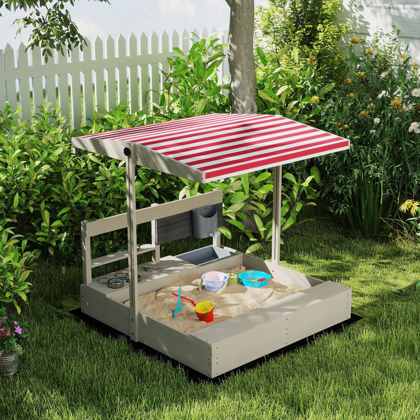 Outsunny Kids Sandbox with Cover Kitchen Playset Toys, Wooden Sand Box with Seat, Storage, for 3-7 Years Old, Grey