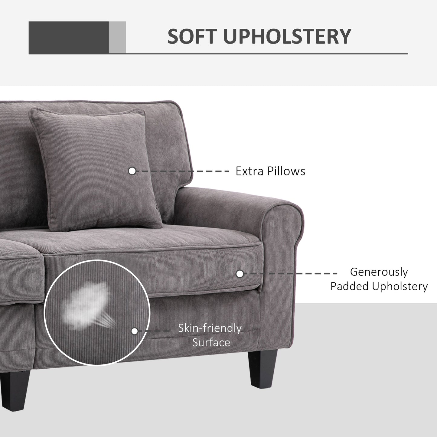 HOMCOM Modern 3 Seater Sofa, Corduroy Fabric 3 Seater Couch with Pine Wood Legs and Rolled Armrests for Living Room, Light Grey