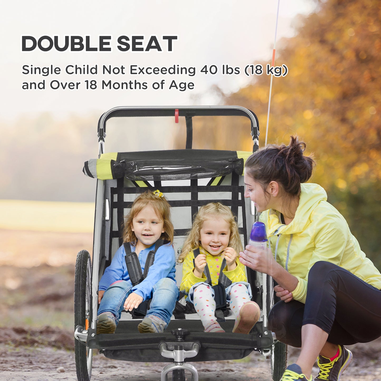 Aosom 2 Seat Bike Trailer for Kids 2-in-1 Double Baby Jogging Stroller with Handbrake, Rubber Wheels, 5 Point Harness, Waterproof Cover, Storage Bag, Reflectors, Yellow