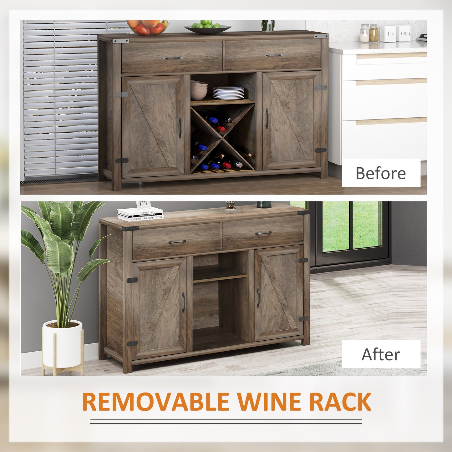 HOMCOM Farmhouse Bar Cabinet, Sideboards and Buffets with Doors, Wine Rack and Drawer, Storage Cabinet for Dining Room