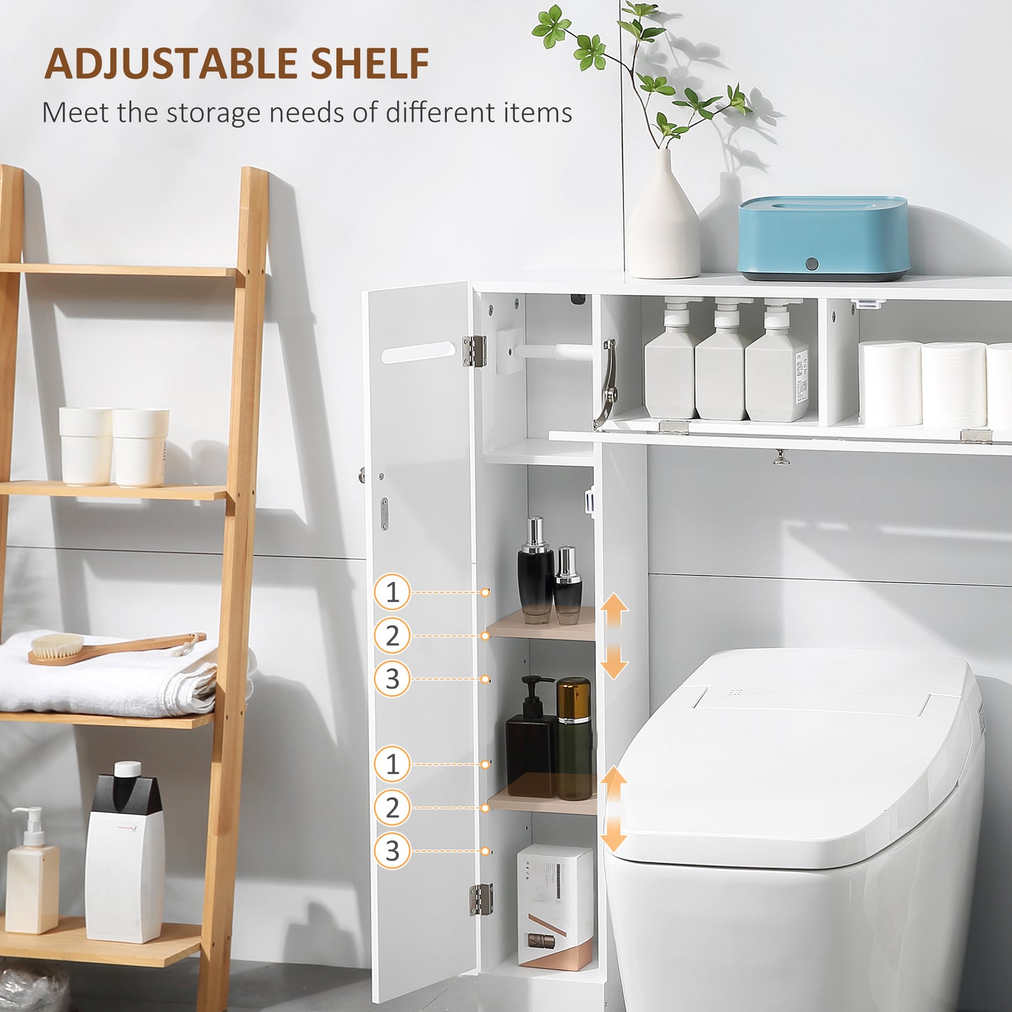 kleankin Over the Toilet Storage Cabinet, Freestanding Bathroom Organizers Cabinet with Flip Up Door and Adjustable Shelves for Laundry Room, White