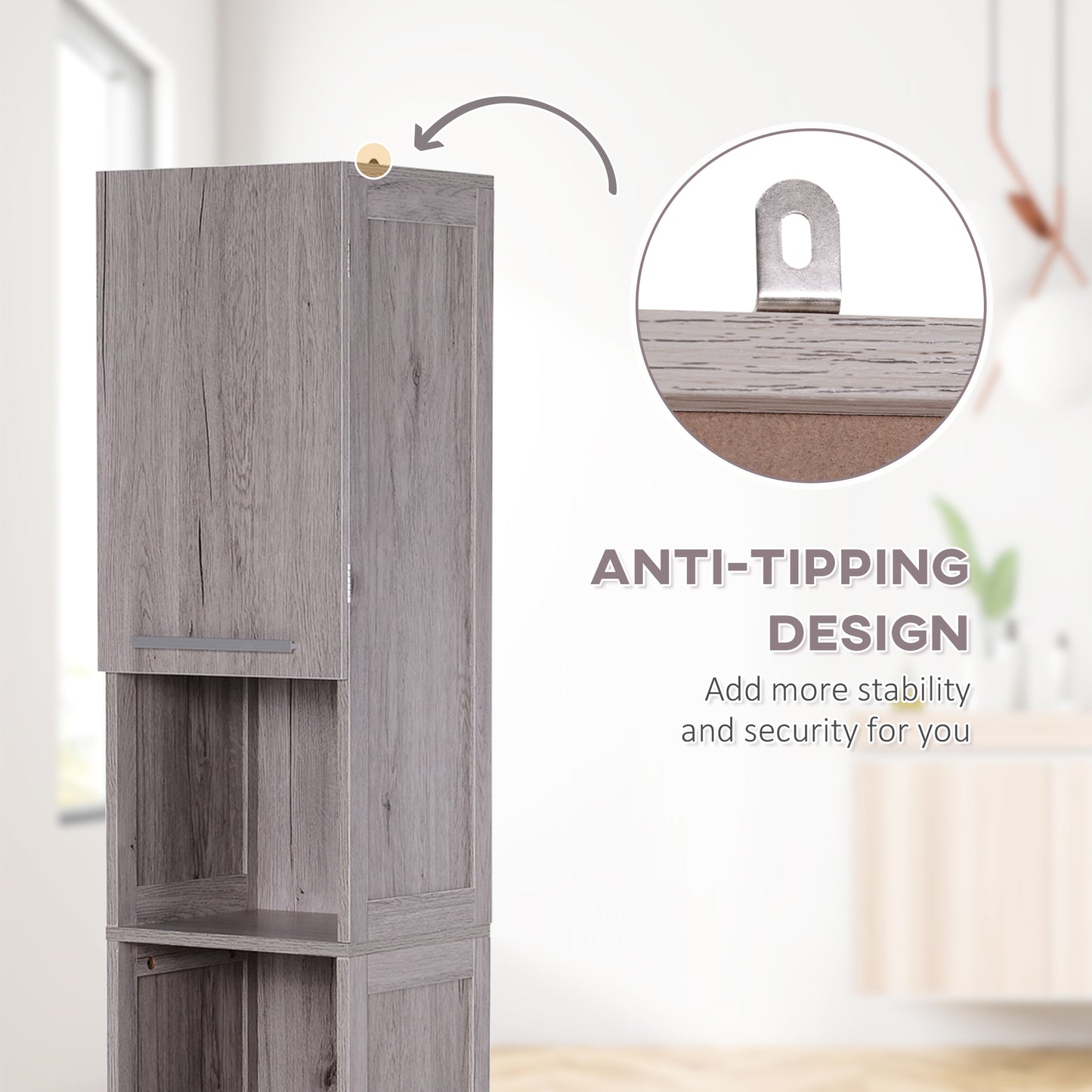 Kleankin Bathroom Storage Cabinet 68'' Organizer Tall Tower Cupboard w/ Shelves Wood Grain Freestanding Furniture