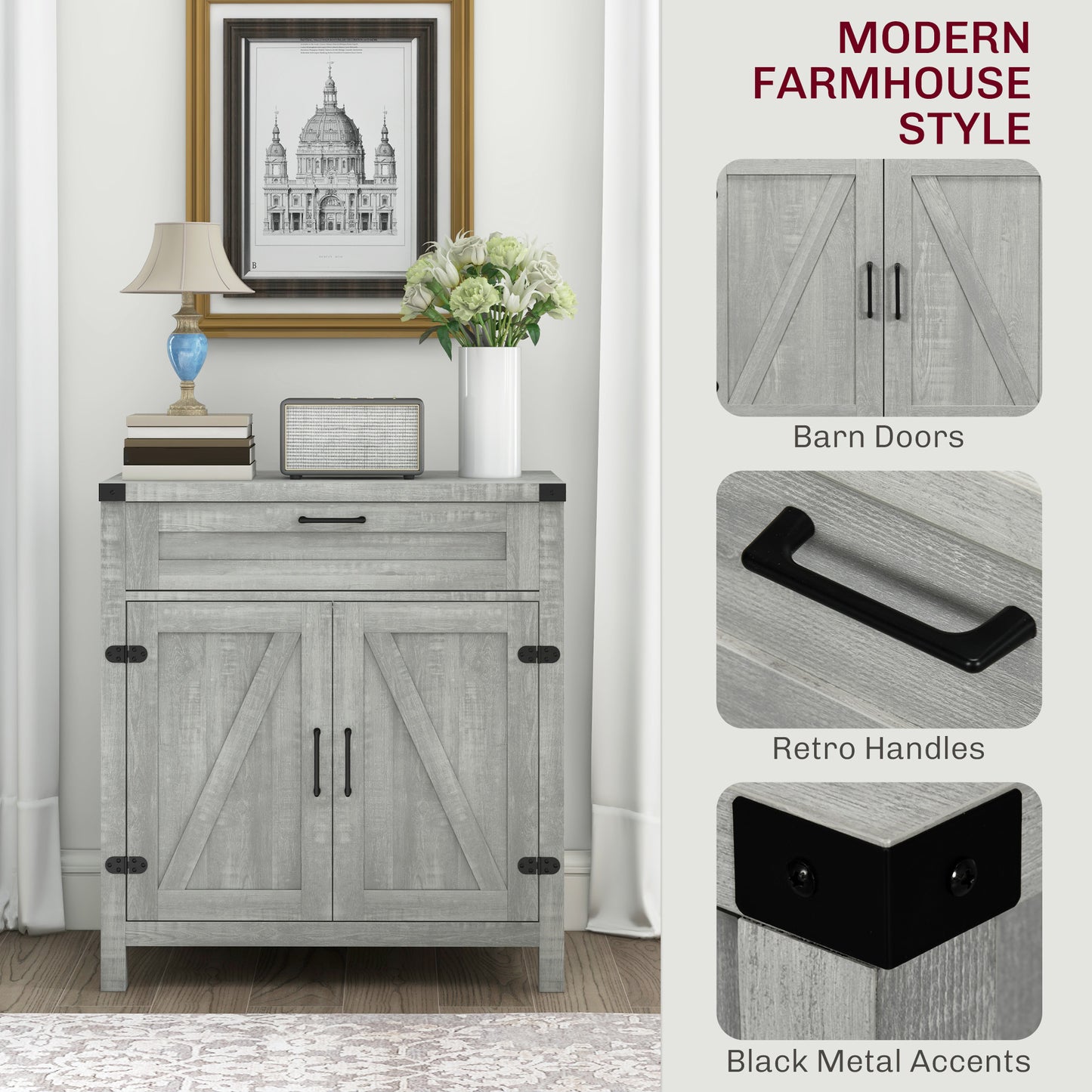 HOMCOM Farmhouse Kitchen Storage Cabinet, Sideboard Buffet Cabinet with 2 Rustic Barn Doors and Drawer, Oak