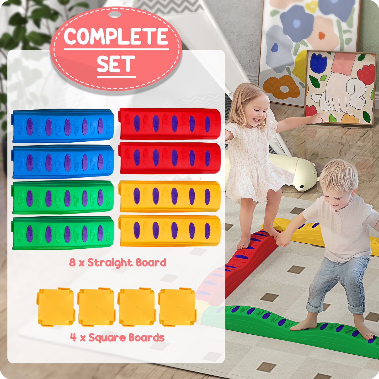 Outsunny 8pcs Balance Beam for Kids, 4 Sensory Pads and 4 Beams with Non-slip Surface & Bottom, Stackable Stepping Stones Kids for Boys Girls 3-6 Years, Multicoloured