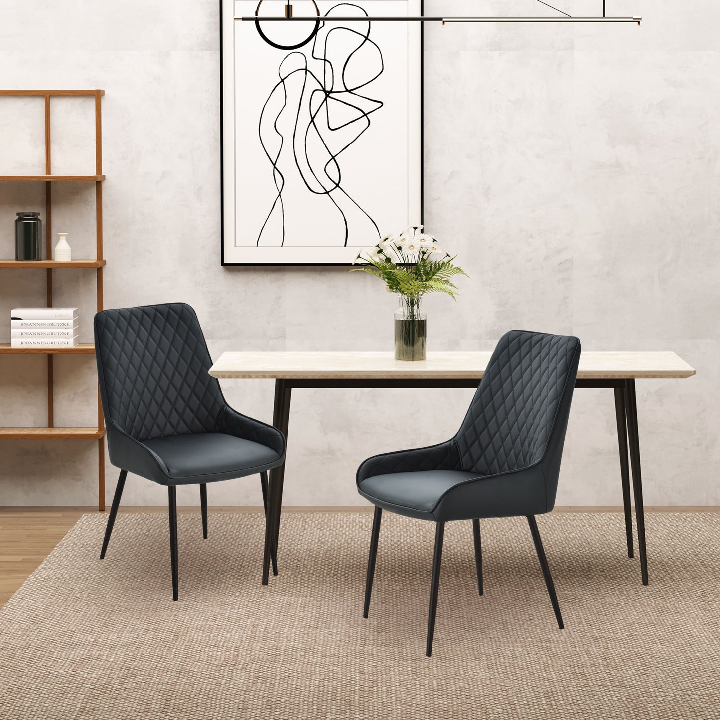 HOMCOM Upholstered Kitchen Chairs, Modern Dining Chairs Set of 2 with Diamond Tufting and Steel Legs for Dining Room, Black