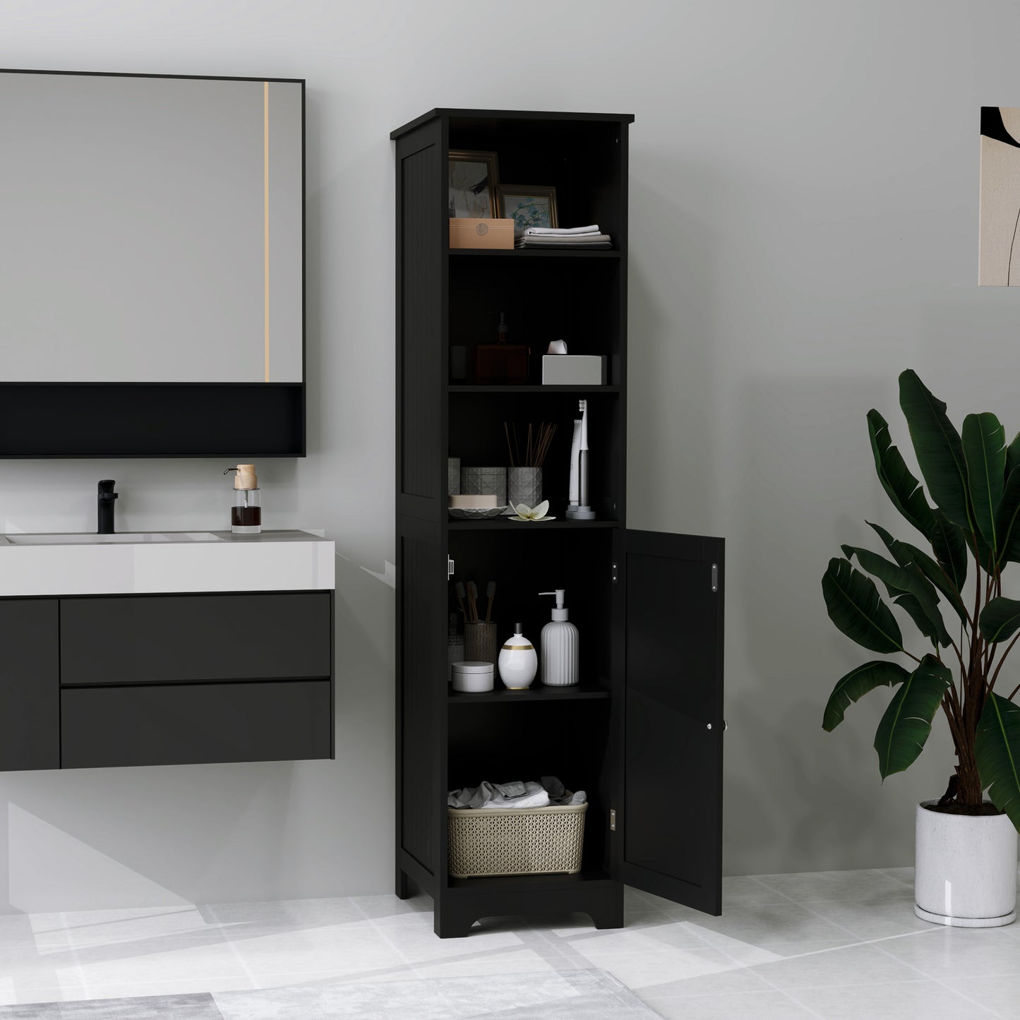 kleankin Tall Bathroom Storage Cabinet, Freestanding Tower Cabinet with Adjustable Shelf, 3 Open Shelves, White