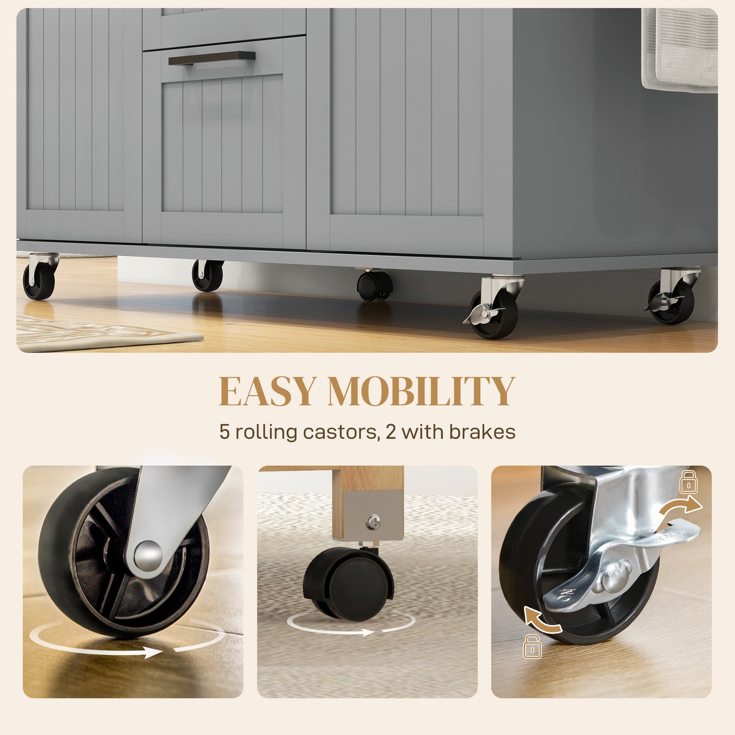 HOMCOM Rolling Kitchen Cart on Wheels with Drop Leaf, Kitchen Island with 3 Drawers, Solid Wood Top and Towel Rack, White
