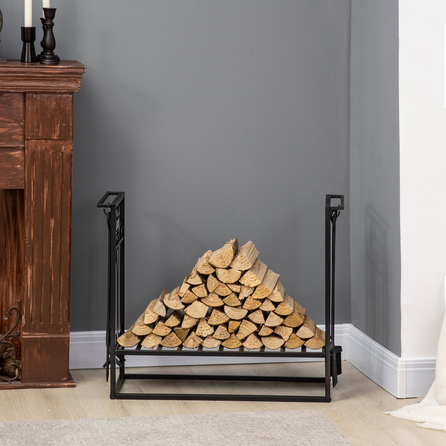 Outsunny 2-Tier Firewood Log Rack with 4 Tools 33" Fireplace Wood Holder Storage Log Rack with Shovel, Broom, Poker, Tongs and Hooks