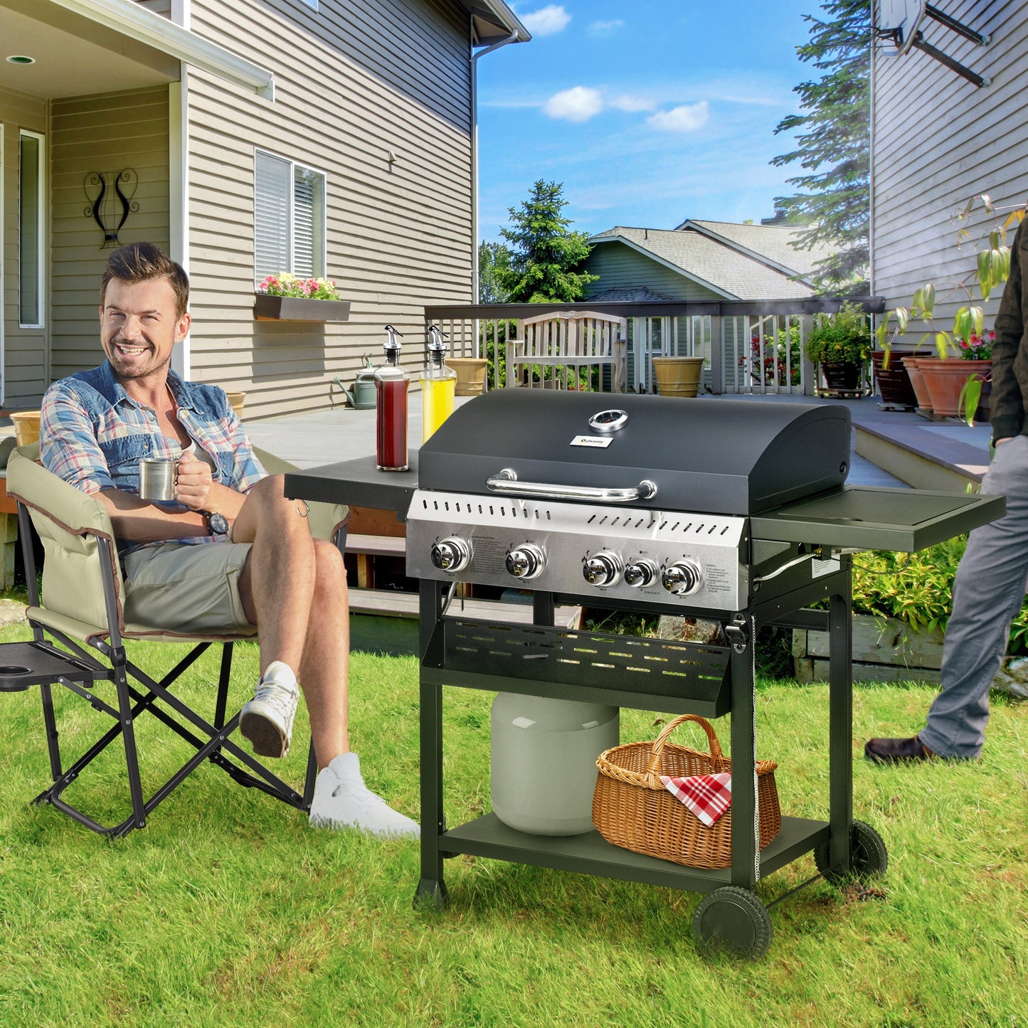 Outsunny 40,000 BTU Propane Gas Grill BBQ Cart with 4 Main Burners, 1 Side Burner, with Warming Rack, Side Prep Tables, Black
