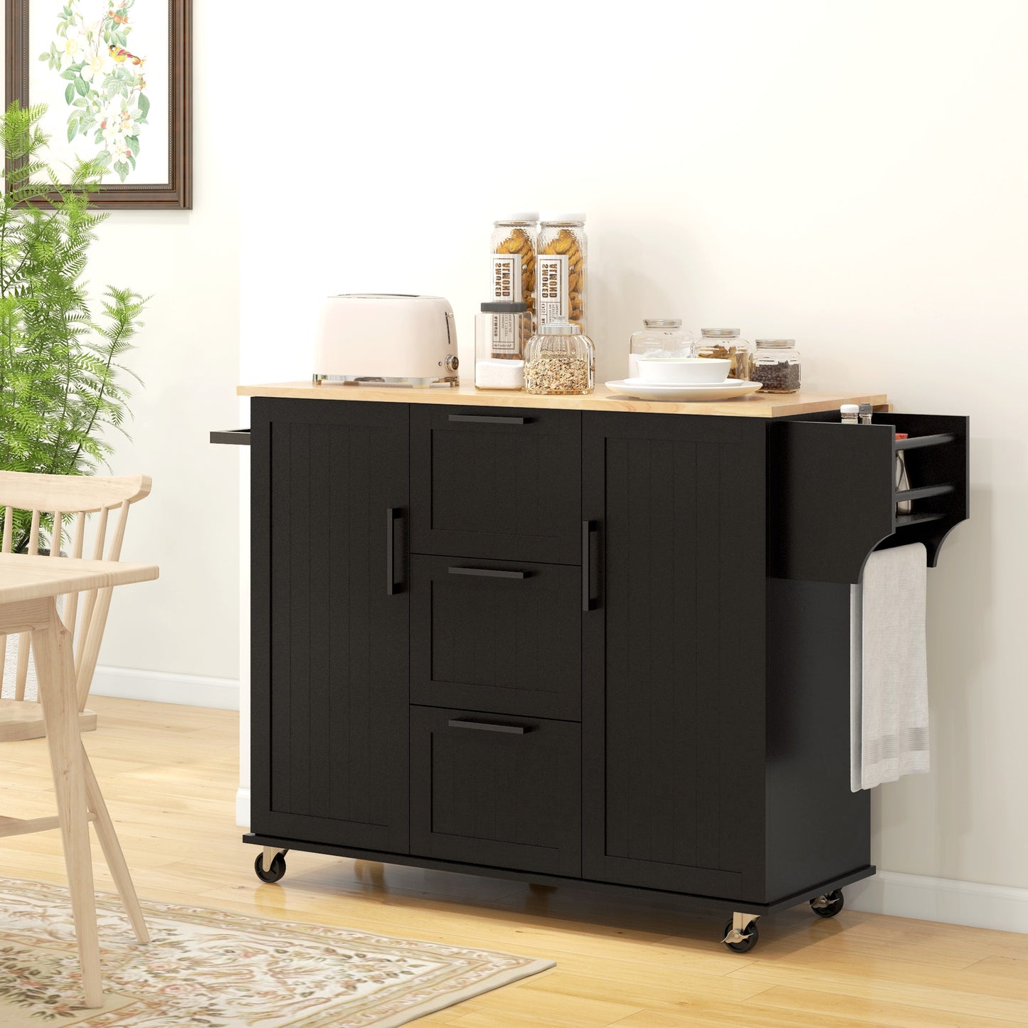 HOMCOM Rolling Kitchen Cart on Wheels with Drop Leaf, Kitchen Island with 3 Drawers, Solid Wood Top and Towel Rack, White