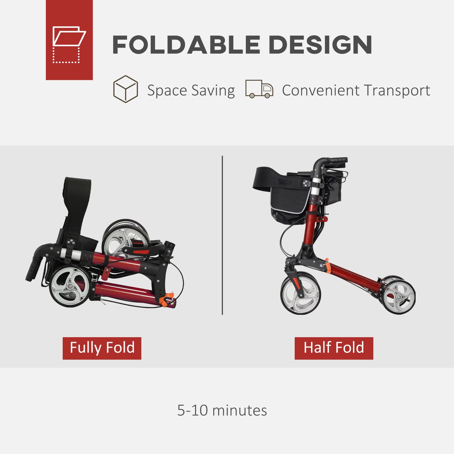 HOMCOM Lightweight Folding Rolling Walker with Large Seat, Back, Adjustable Handle, Bag, Dual Brake, Cane Holder, Red
