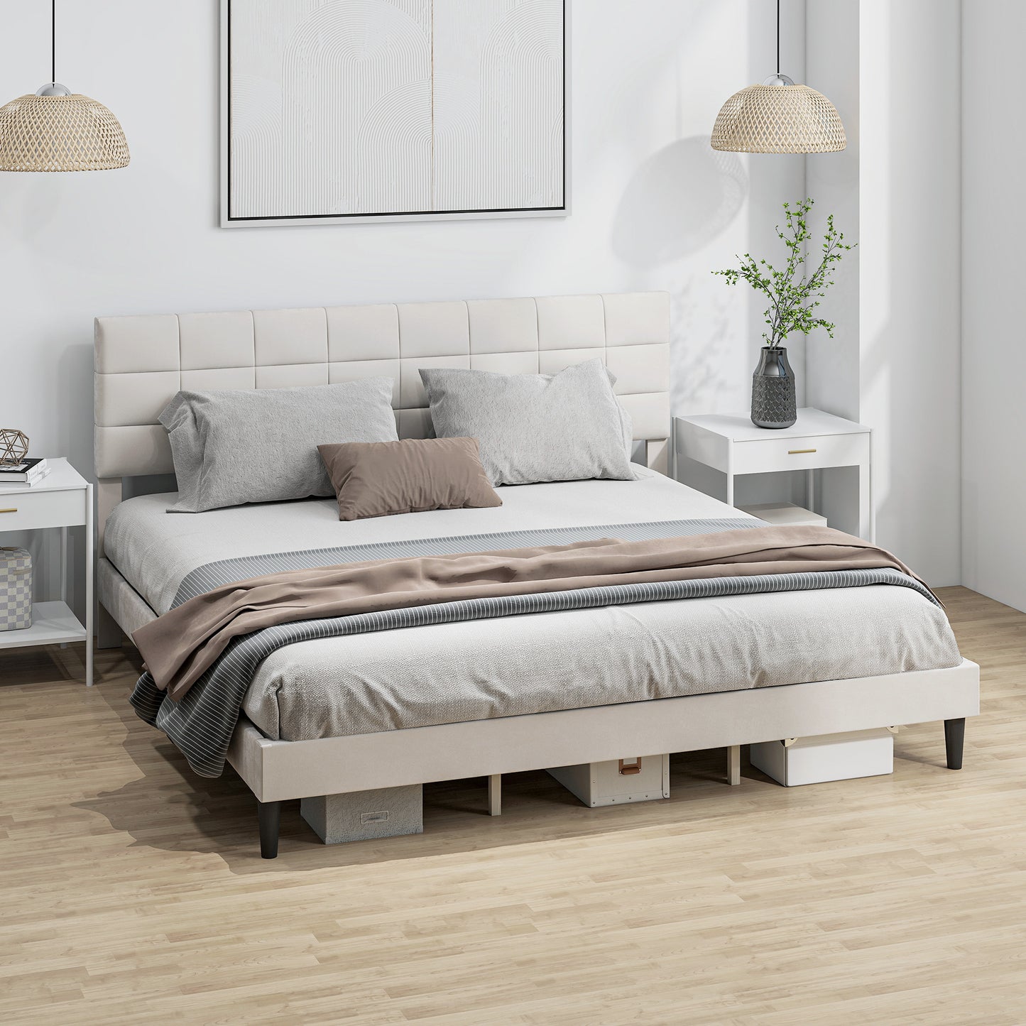 HOMCOM Queen Size Bed Frame with Upholstered Headboard, Modern Platform Bed Frame with Wood Slats, 1100 lbs Capacity, Cream
