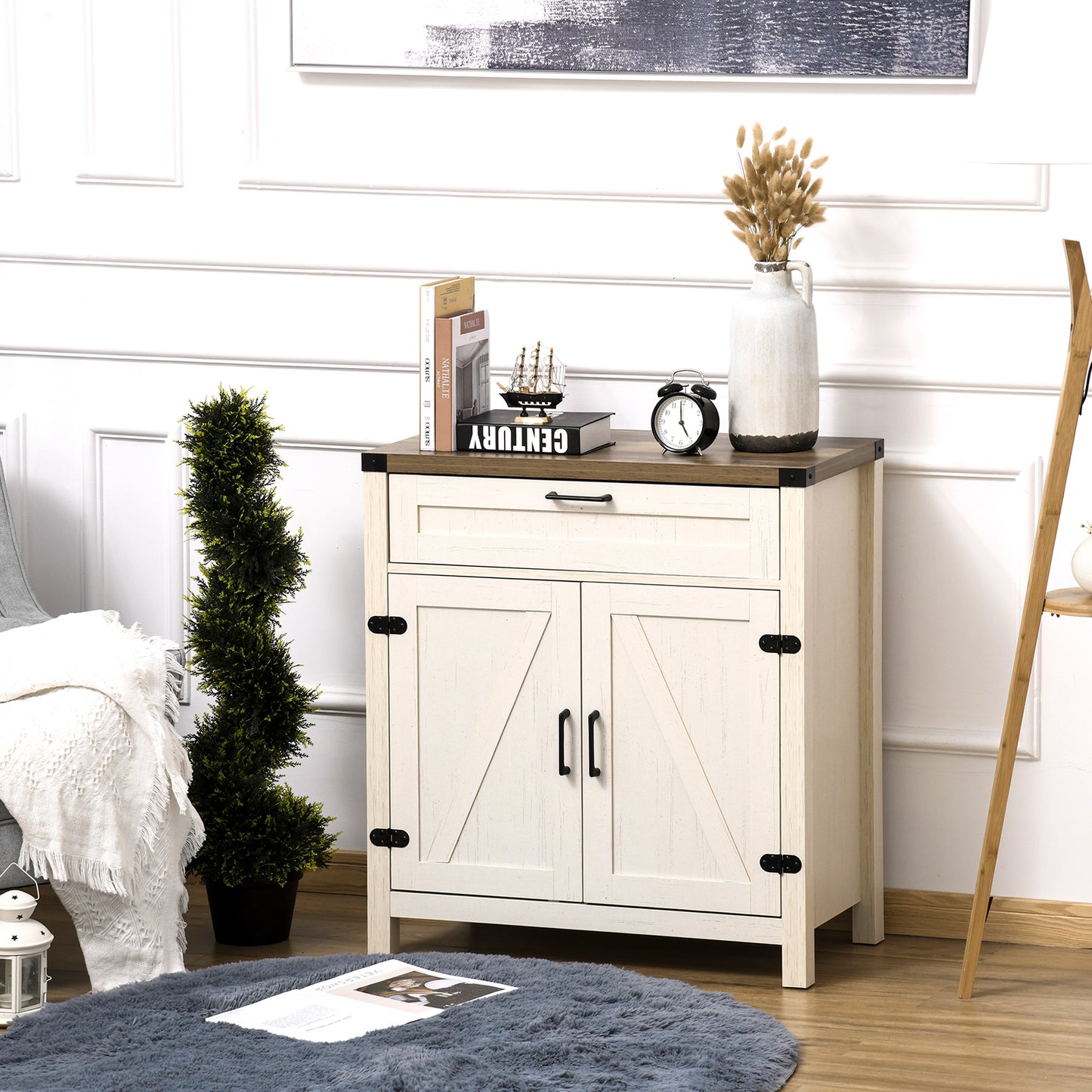 HOMCOM Farmhouse Kitchen Storage Cabinet, Sideboard Buffet Cabinet with 2 Rustic Barn Doors and Drawer, Oak