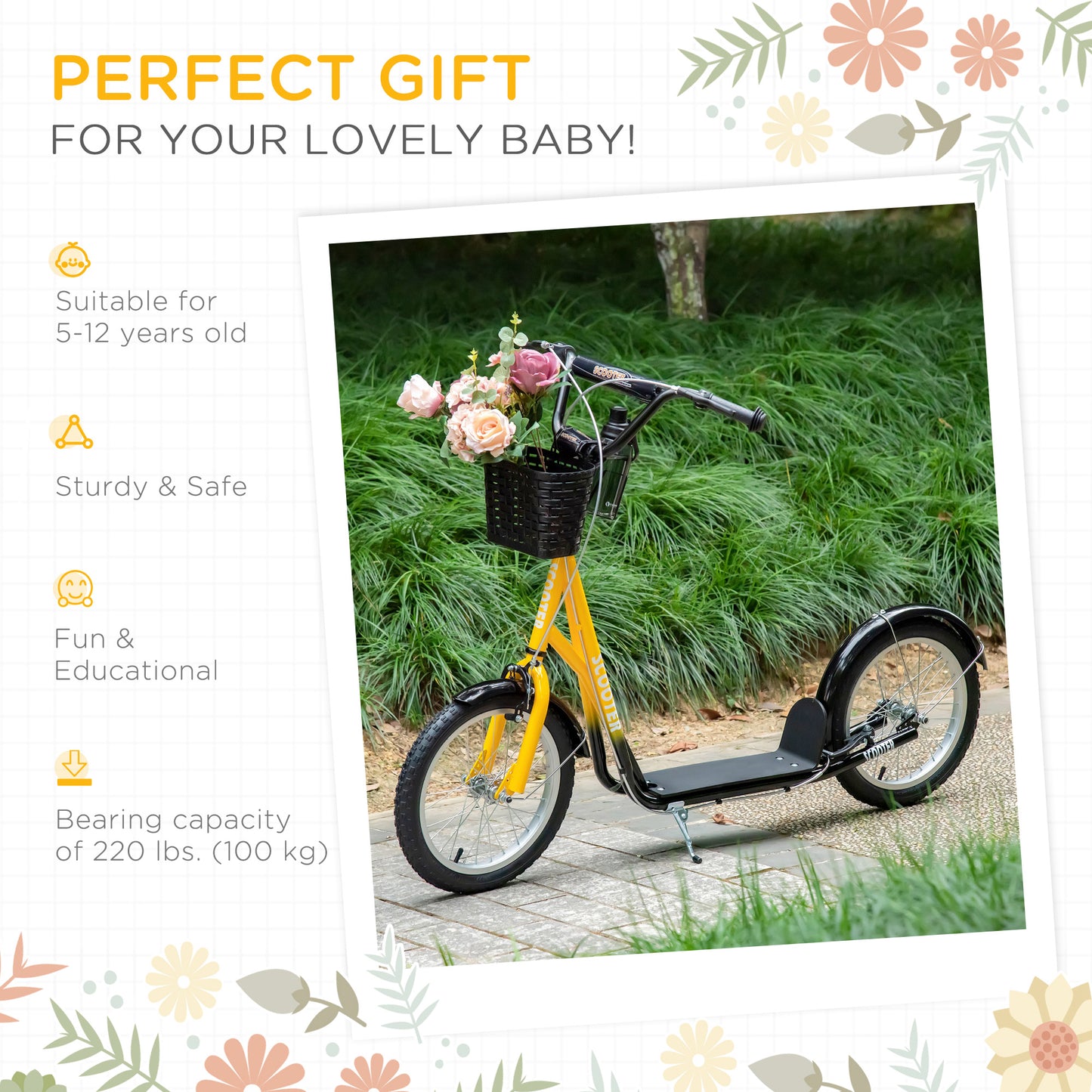 Aosom Kick Scooter with Adjustable Handlebar, Kids Scooter with 2 Brakes Basket Cupholder 16" Inflatable Rubber Tyres Pink