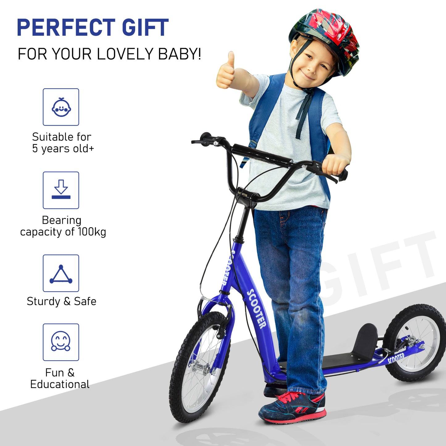 Aosom Kids Scooter with Adjustable Handlebar, Youth Kick Scooter with Dual Brakes, Inflatable Wheels, for Age 5+, Blue