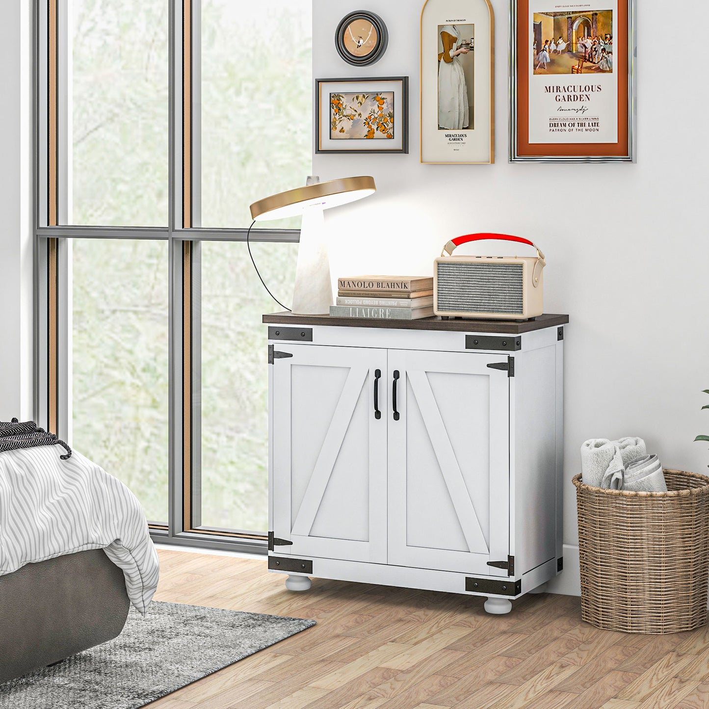 HOMCOM Sideboard Buffet, Kitchen Storage Cabinet with Barn Door and Adjustable Shelves, White and Brown
