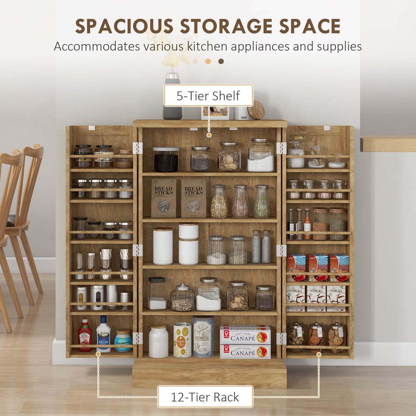 HOMCOM Freestanding Kitchen Pantry Storage Cabinet Kitchen Cabinet with 5-Tier Shelf 12 Spice Racks Adjustable Shelves White