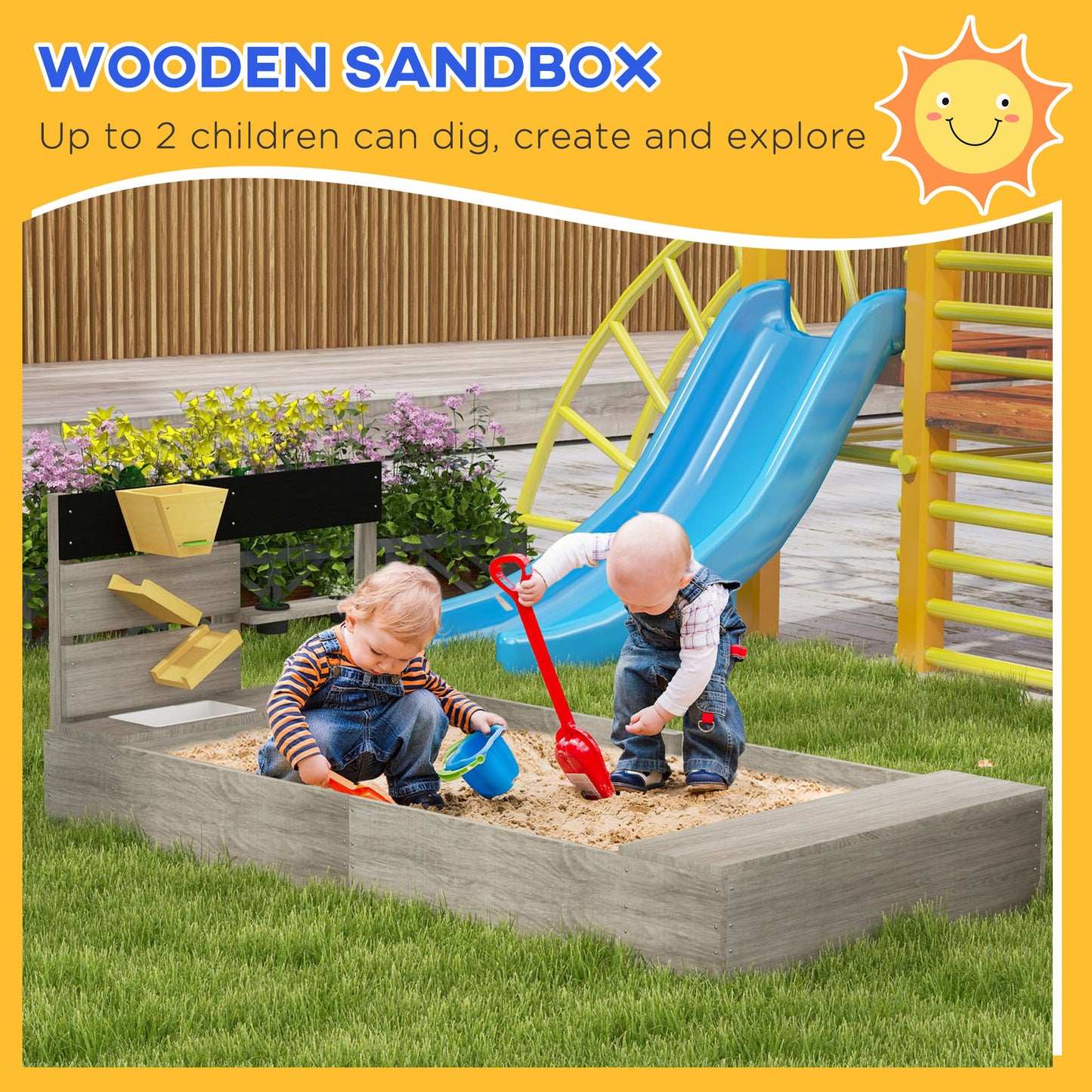 Outsunny Wooden Kids Sandbox with Liner, Kitchen Design for Garden, Backyard