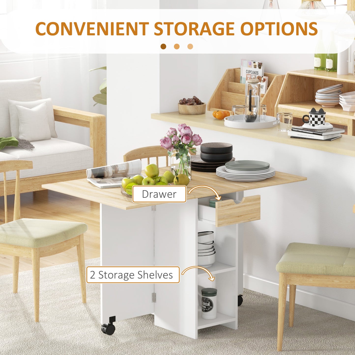 HOMCOM Folding Dining Table, Space Saving Drop Leaf Table with Drawer and Storage Shelves for Kitchen, Dining Room, Oak