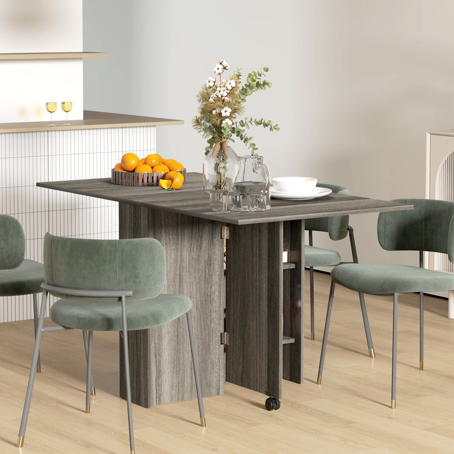 HOMCOM Extendable Dining Table, Collapsible Folding Table w/ 2-tier Shelves and Rolling Casters, Nature Wood