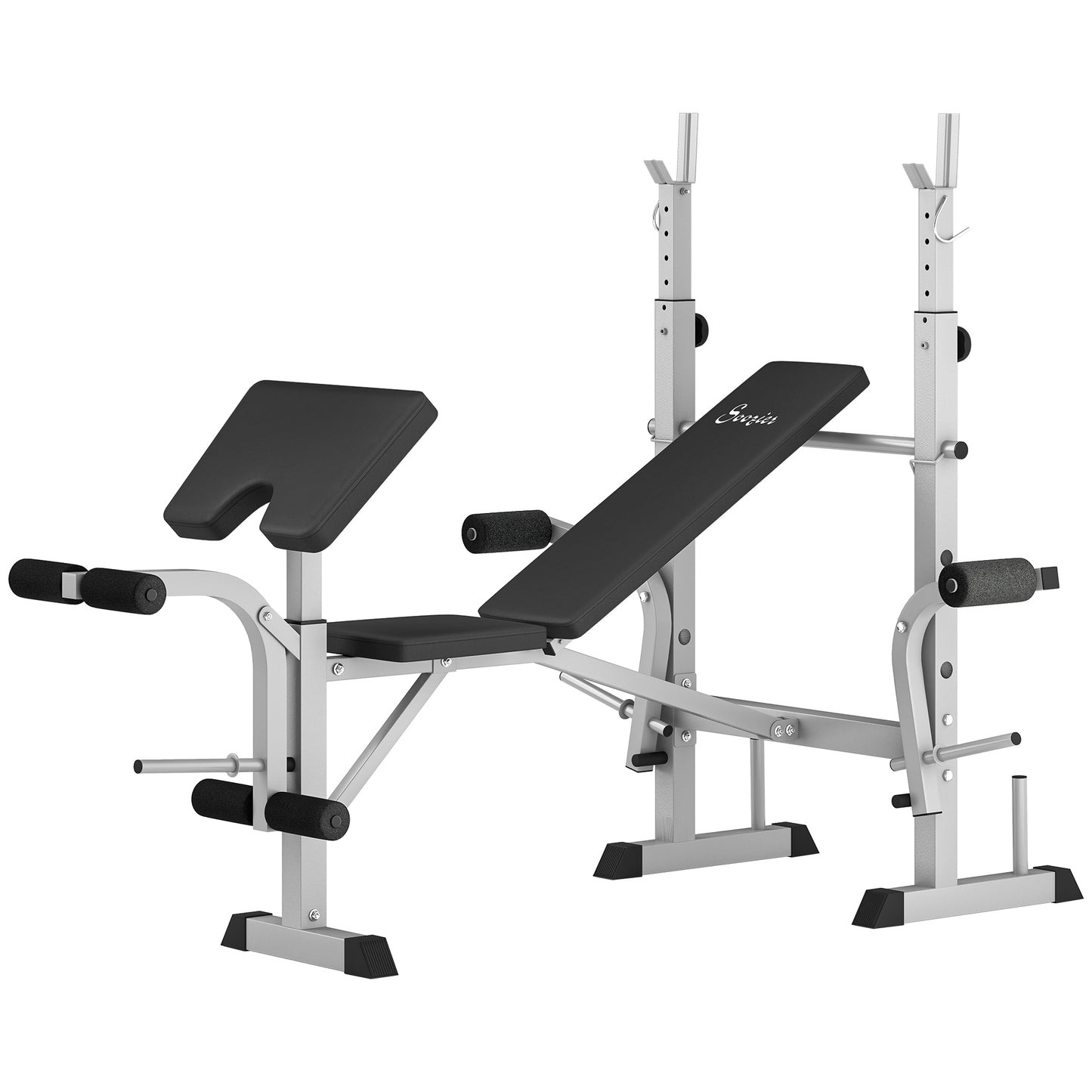 Soozier Bench Press Set Adjustable Weight Bench with Squat Rack, Preacher Curl Pad, Leg Developer and Weight Storage, White