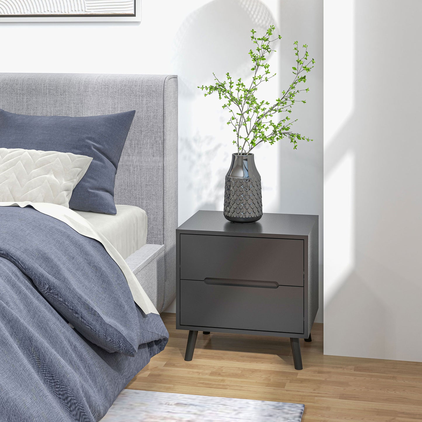 HOMCOM Bedside Table, Nightstand with 2 Drawers, Side Table with Pine Wood Legs for Bedroom, White