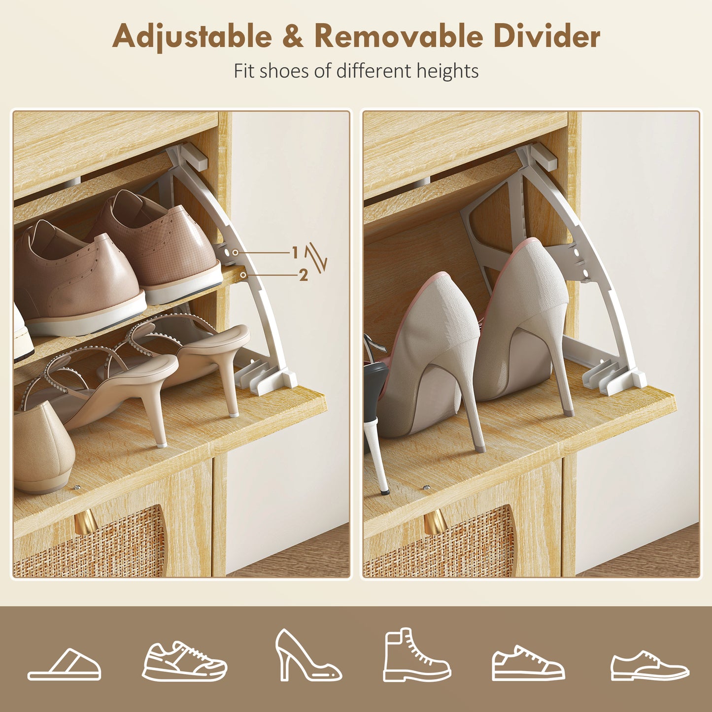 HOMCOM 4 Flip-Drawer Shoe Cabinet, Shoe Storage Cabinet with Rattan Doors and Adjustable Shelves, Holds 16 Pairs, Natural