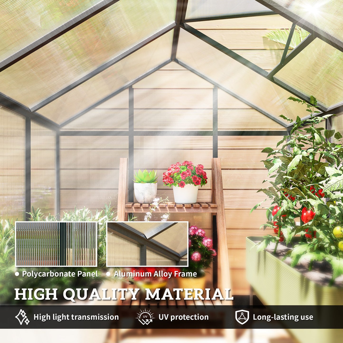 Outsunny 6' x 10' x 6.4' Walk-in Garden Greenhouse Polycarbonate Panels Plants Flower Growth Shed Cold Frame Outdoor Portable Warm House Aluminum Frame, Silver