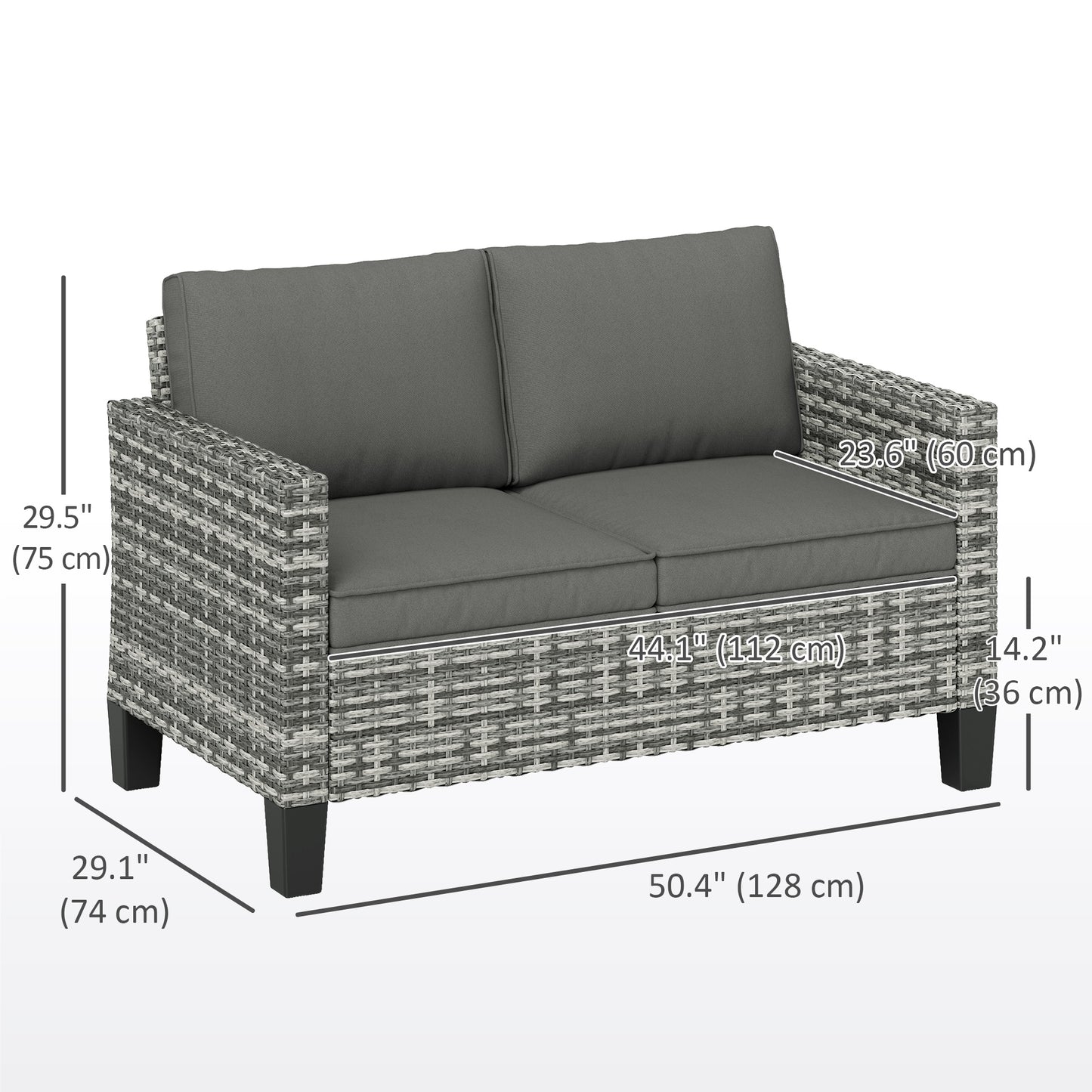 Outsunny 2 Seat Patio Loveseat Deluxe Wicker Sofa Chair Outdoor Rattan Furniture Couch All Weather with Cushion for Balcony, Deck, Garden and Poolside, Grey