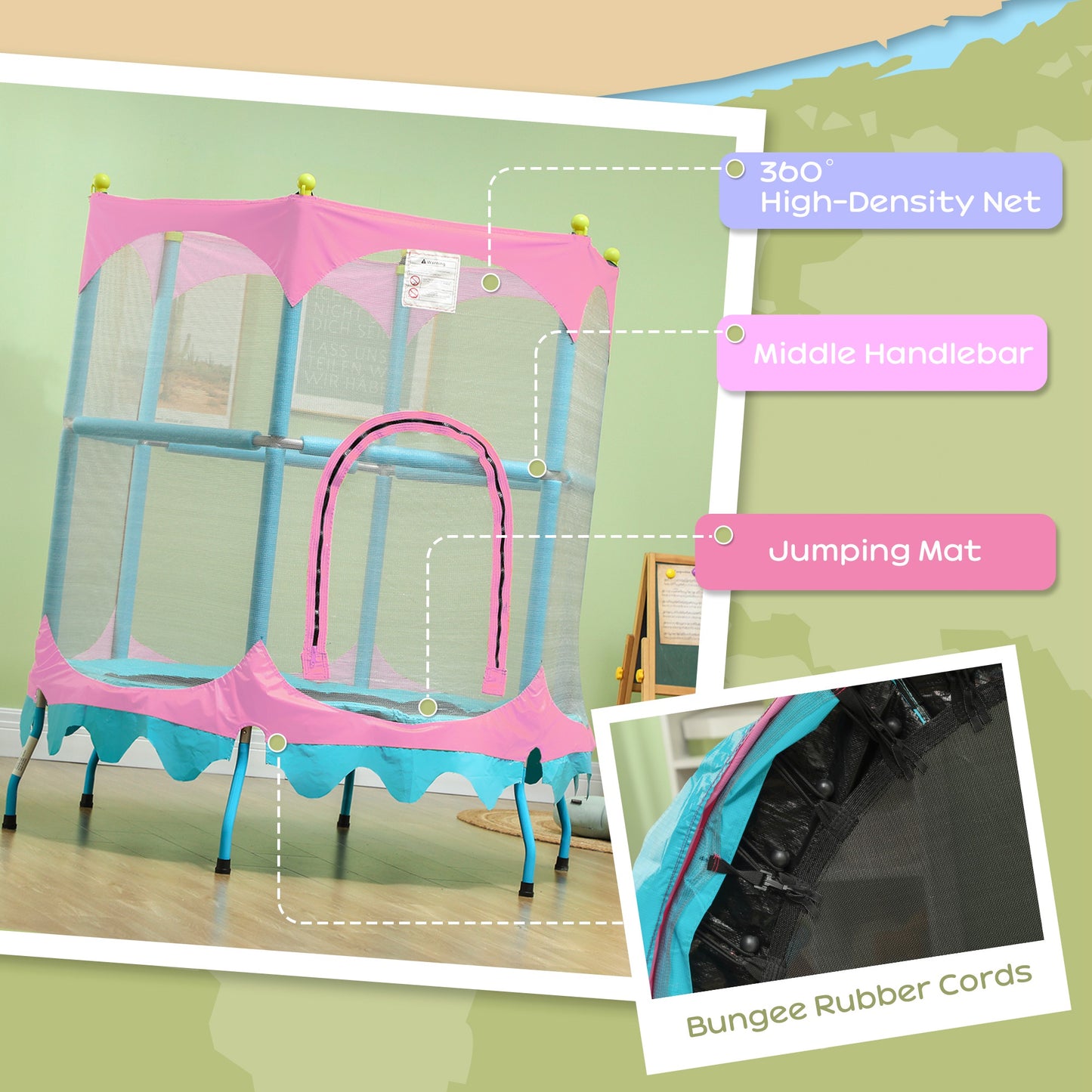Qaba Trampoline for Kids, 4.6FT Mini Toddler Trampoline Indoor Outdoor with Handlebar, Safety Enclosure Net, Blue