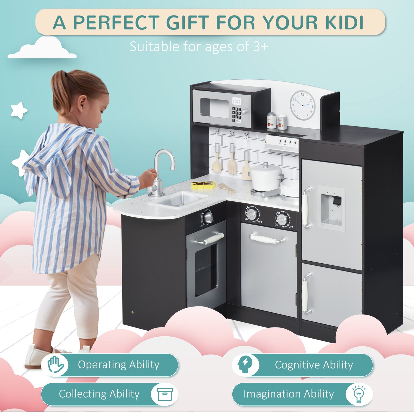Qaba Kids Kitchen Play Cooking Toy Set for Children with Drinking Fountain, Microwave, Accessories, White
