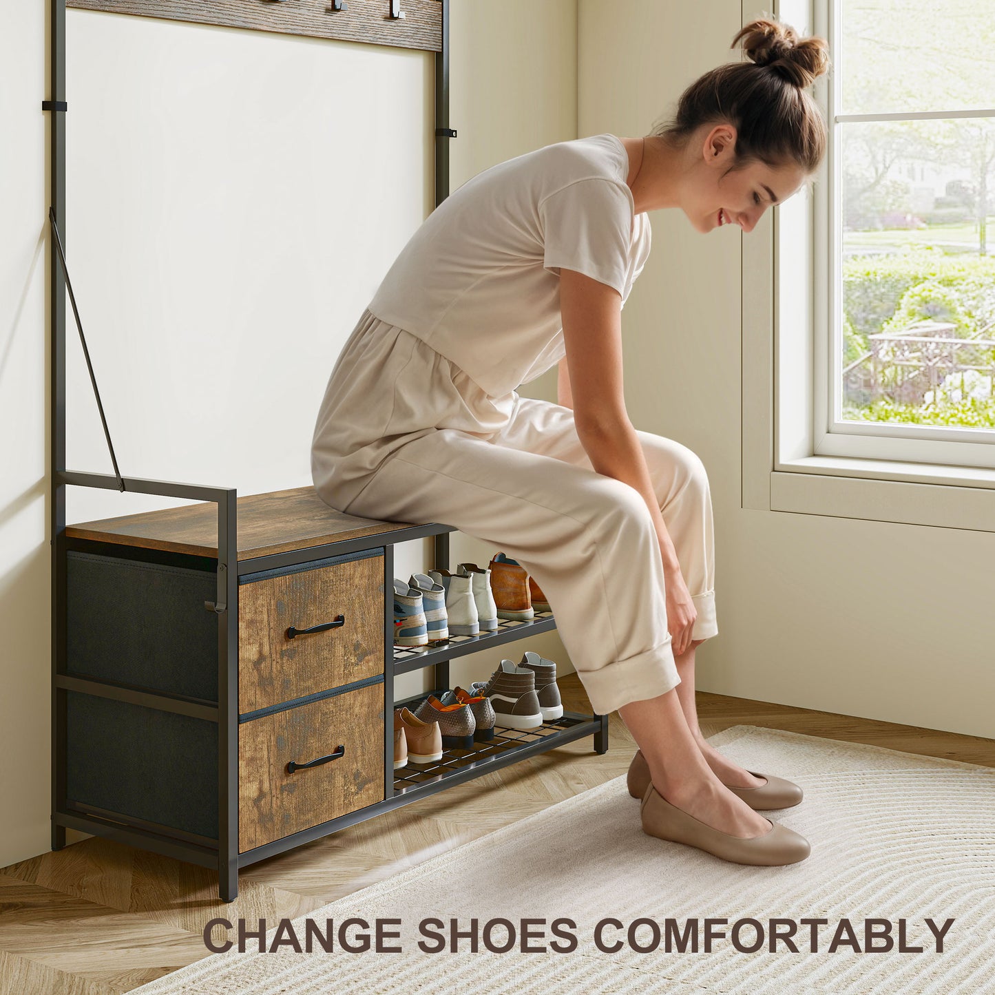 HOMCOM 6-In-1 Hall Tree with Bench and Shoe Storage, Coat Rack Shoe Bench with 10 Hooks, 2 Fabric Drawers, Rustic Brown