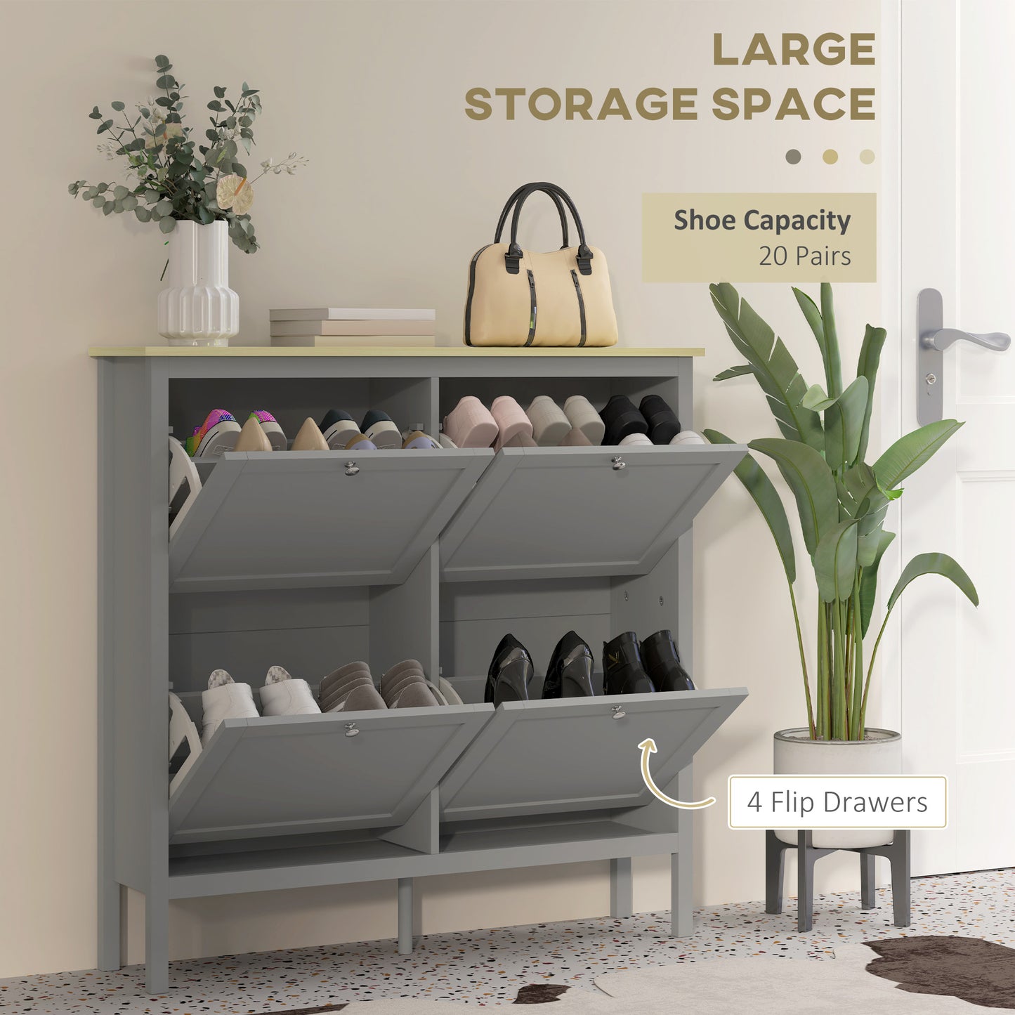 HOMCOM Entryway Shoe Storage Cabinet with 4 Flip Drawers, Adjustable Shelves, Narrow Shoe Cabinet for 20 Pairs of Shoes, White