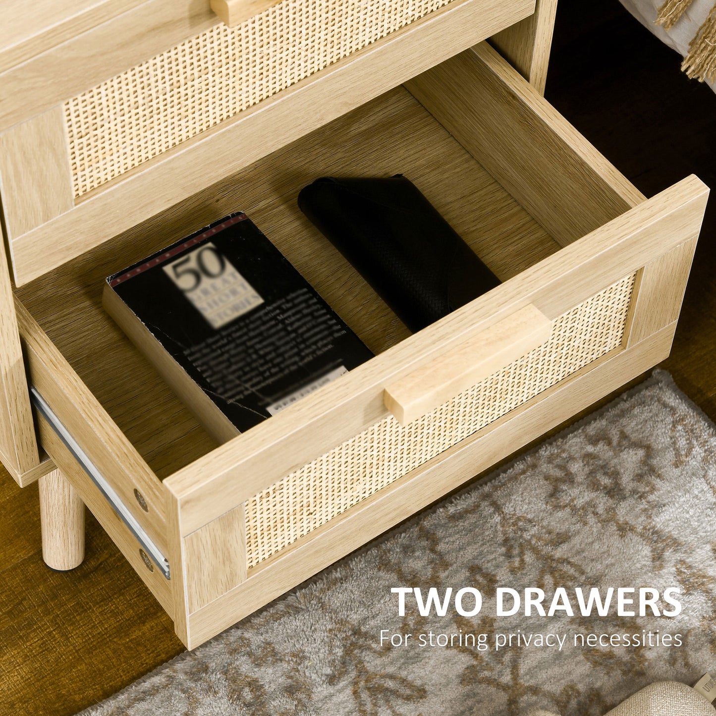 HOMCOM Boho Design Nightstand Set of 2, Side End Table with 2 Drawers for Living Room, Bedroom
