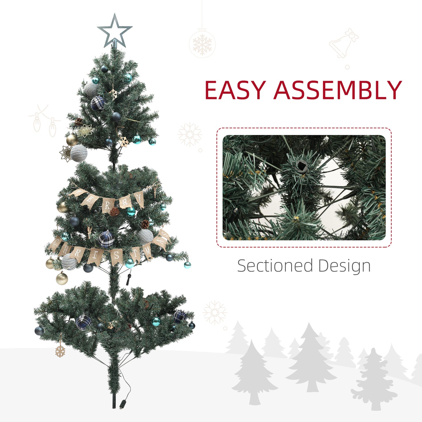 HOMCOM 4FT Pre-Lit Decorated Christmas Tree with Red Berries and Pine Cones Snow Flocked Christmas Tree with LED Lights Green