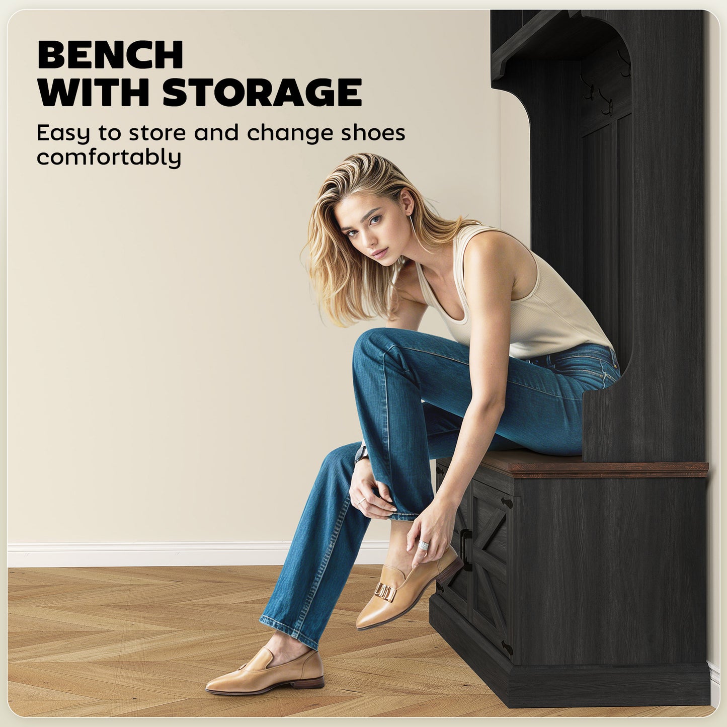 HOMCOM 3-in-1 Hall Tree with Bench, Coat Rack with Shoe Storage, Distressed Black