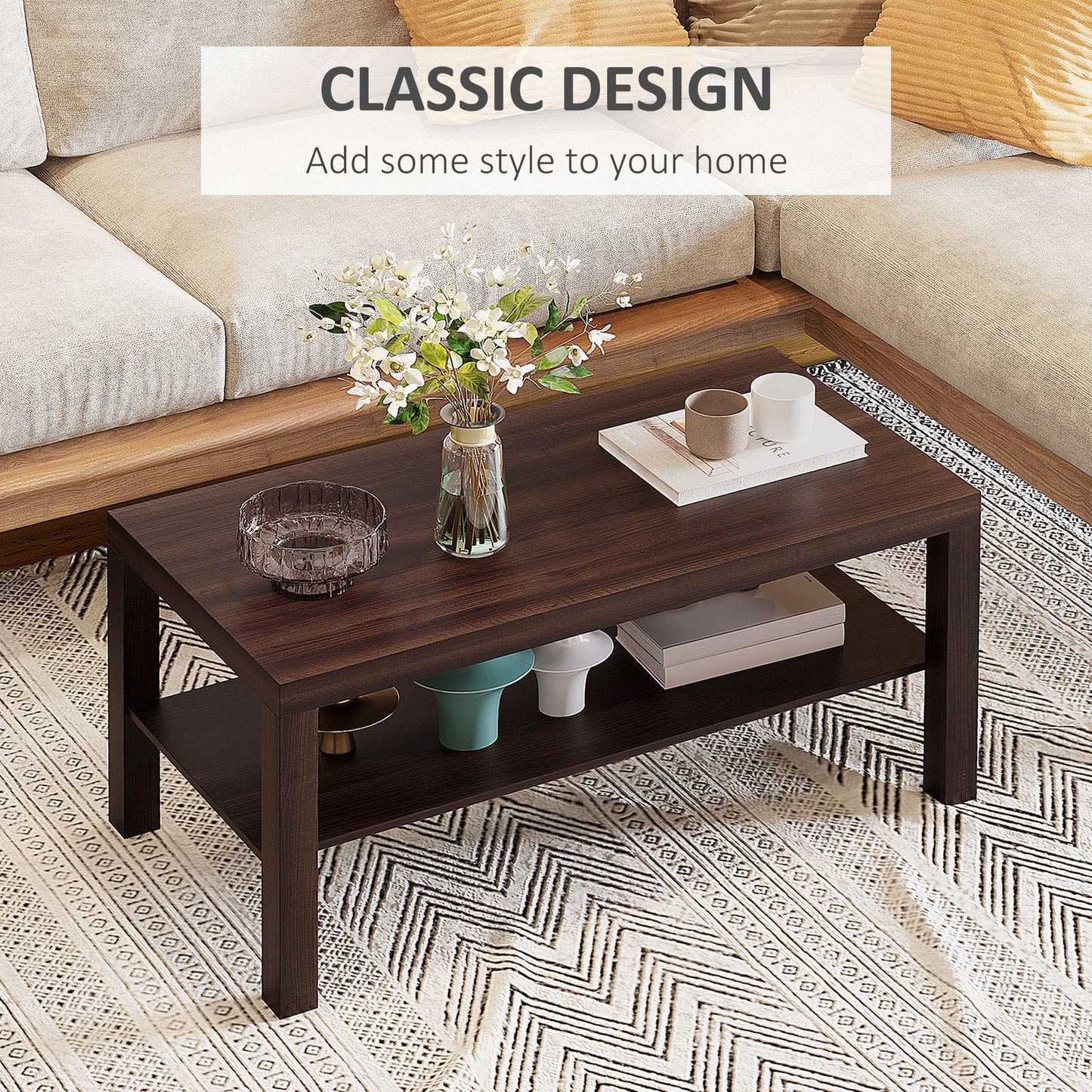 HOMCOM 2 Tier Coffee Table with Storage Shelf, Rectangular Center Table for Living Room, Home Office Furniture Walnut