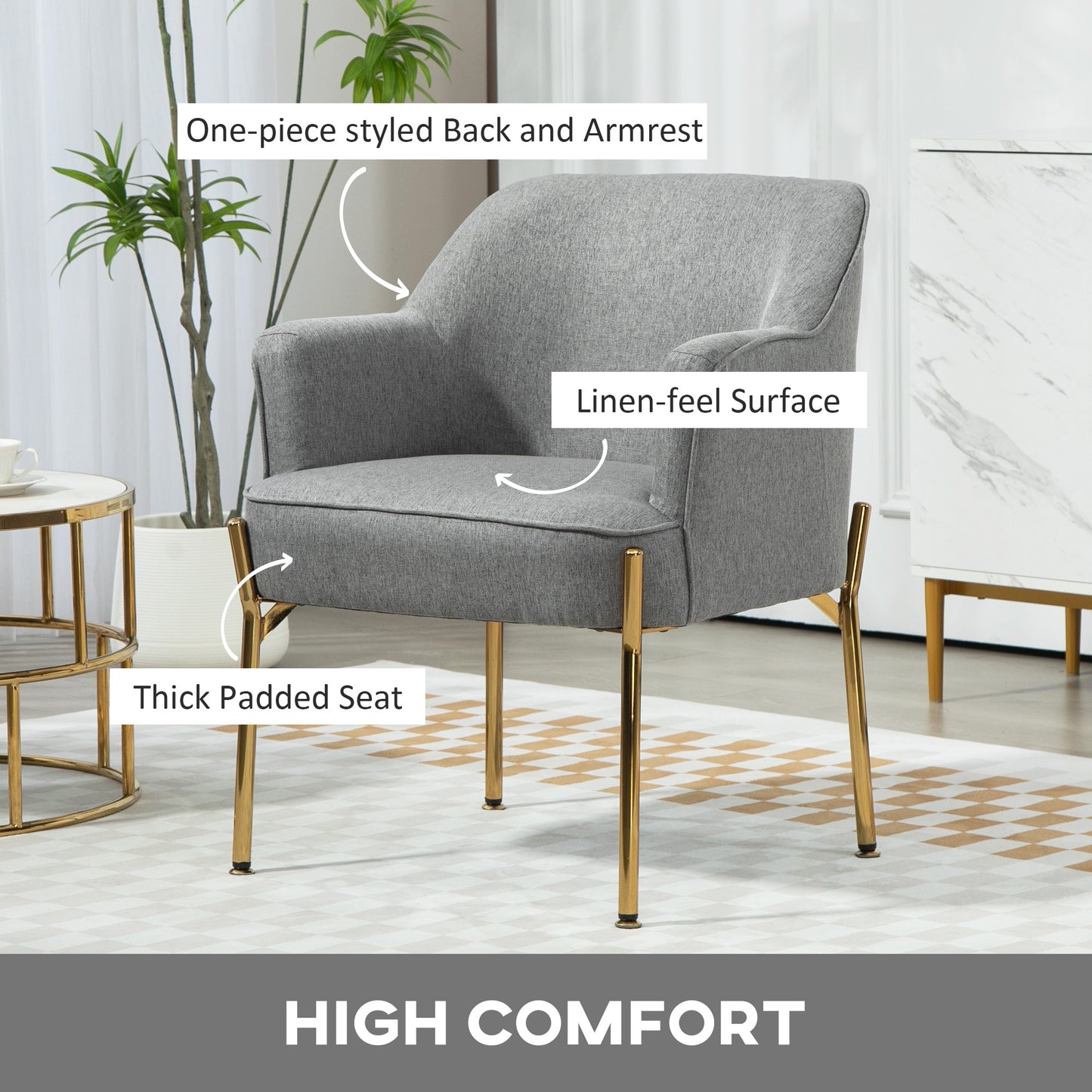 HOMCOM Fabric Armchair, Modern Accent Chair with Metal Legs for Living Room, Bedroom, Home Office, Cream White