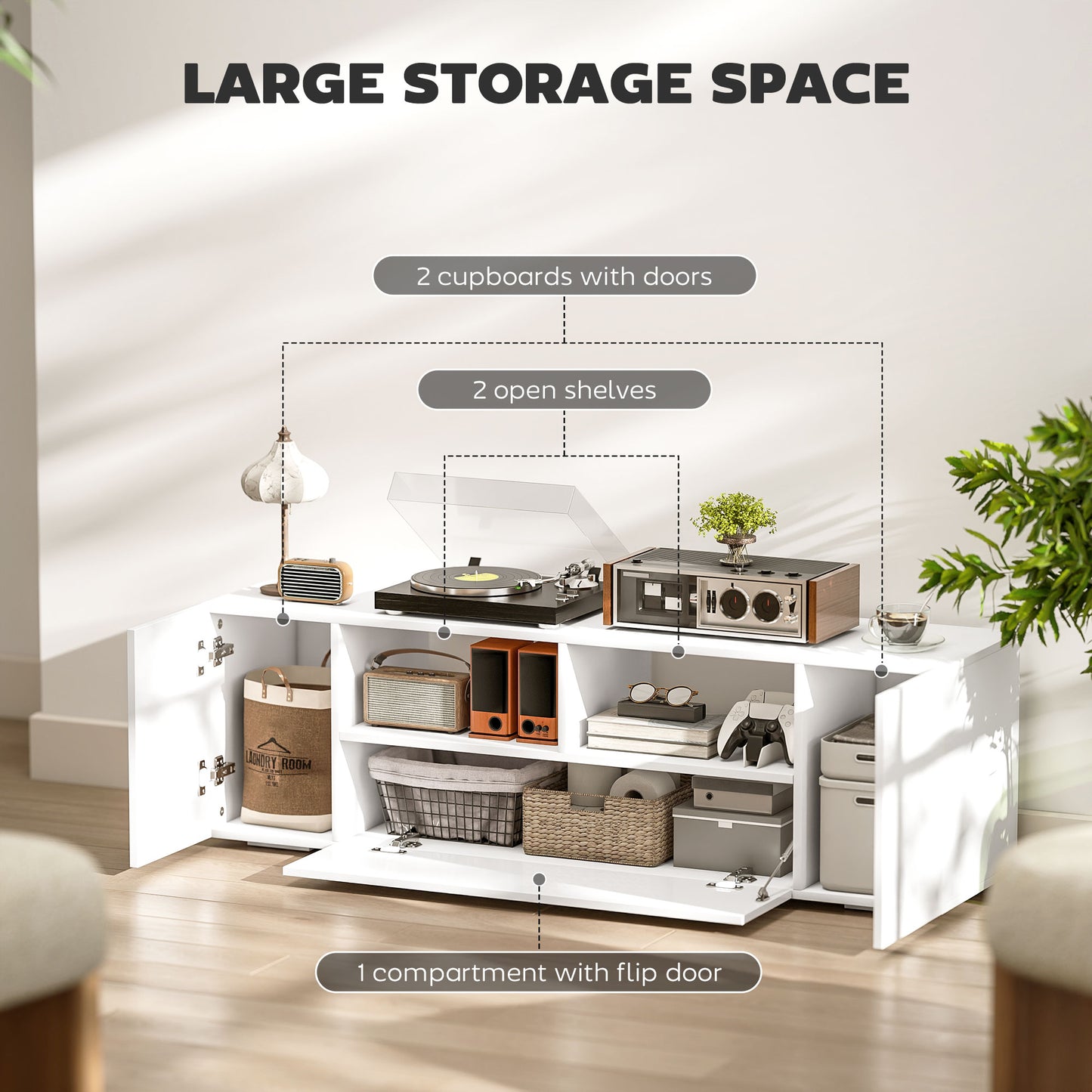 HOMCOM TV Stand for TVs up to 60", TV Unit with LED Lights, Storage Shelves and Cupboards, 53.9" x 13.8" x 16.5", White