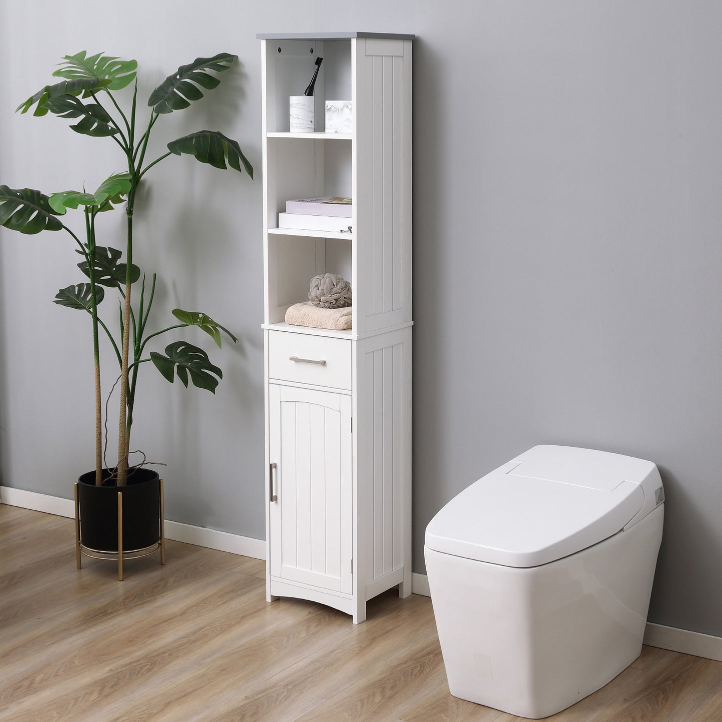 kleankin Tall Bathroom Storage Cabinet, Slim Bathroom Cabinet with 3 Tier Shelf, Drawer, Door, Freestanding Linen Tower, White
