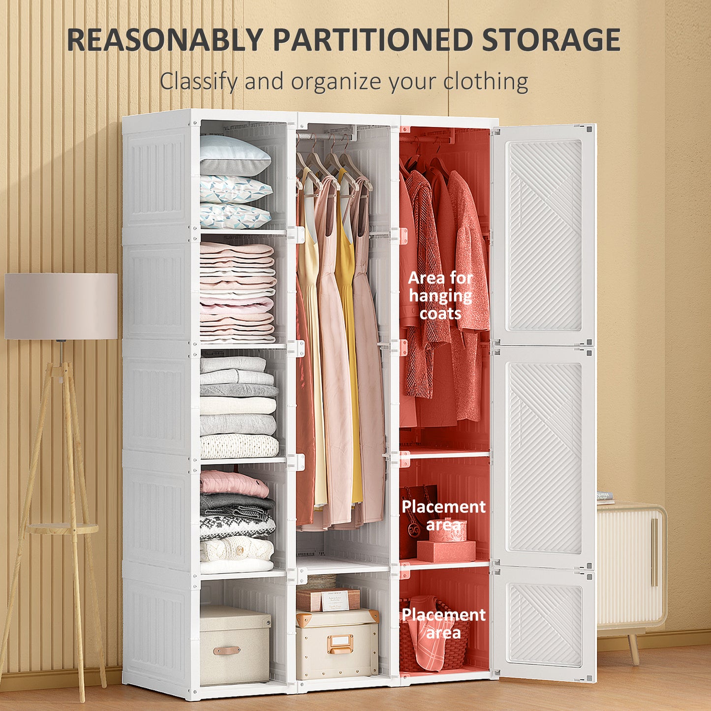 HOMCOM Portable Wardrobe Closet, Folding Bedroom Wardrobe, Clothes Storage Organizer with 8 Cube Compartments, White