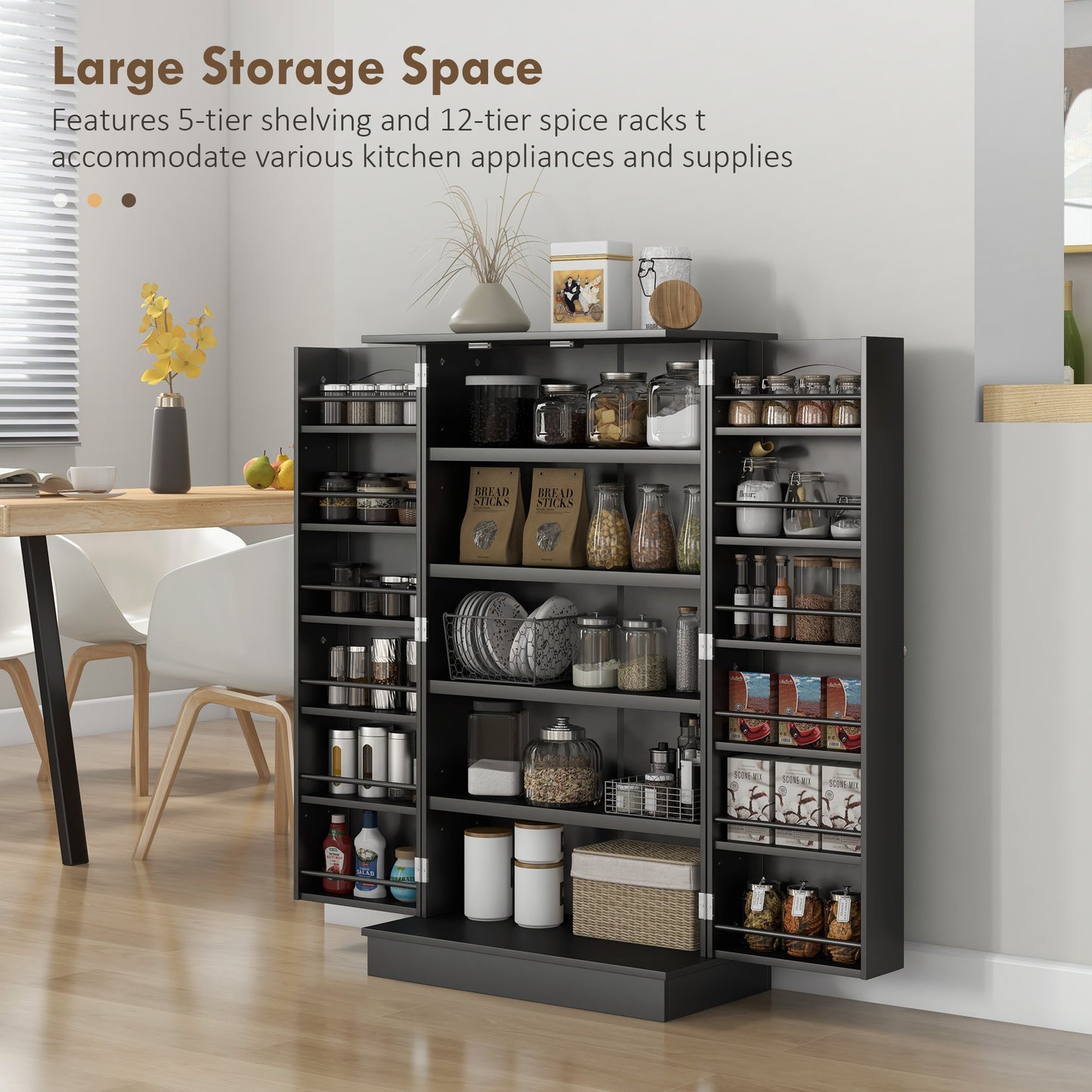 HOMCOM 41" Storage Cabinet, 2-Door Kitchen Pantry Cabinet with 5-tier Shelving, 12 Spice Racks and Adjustable Shelves, Grey