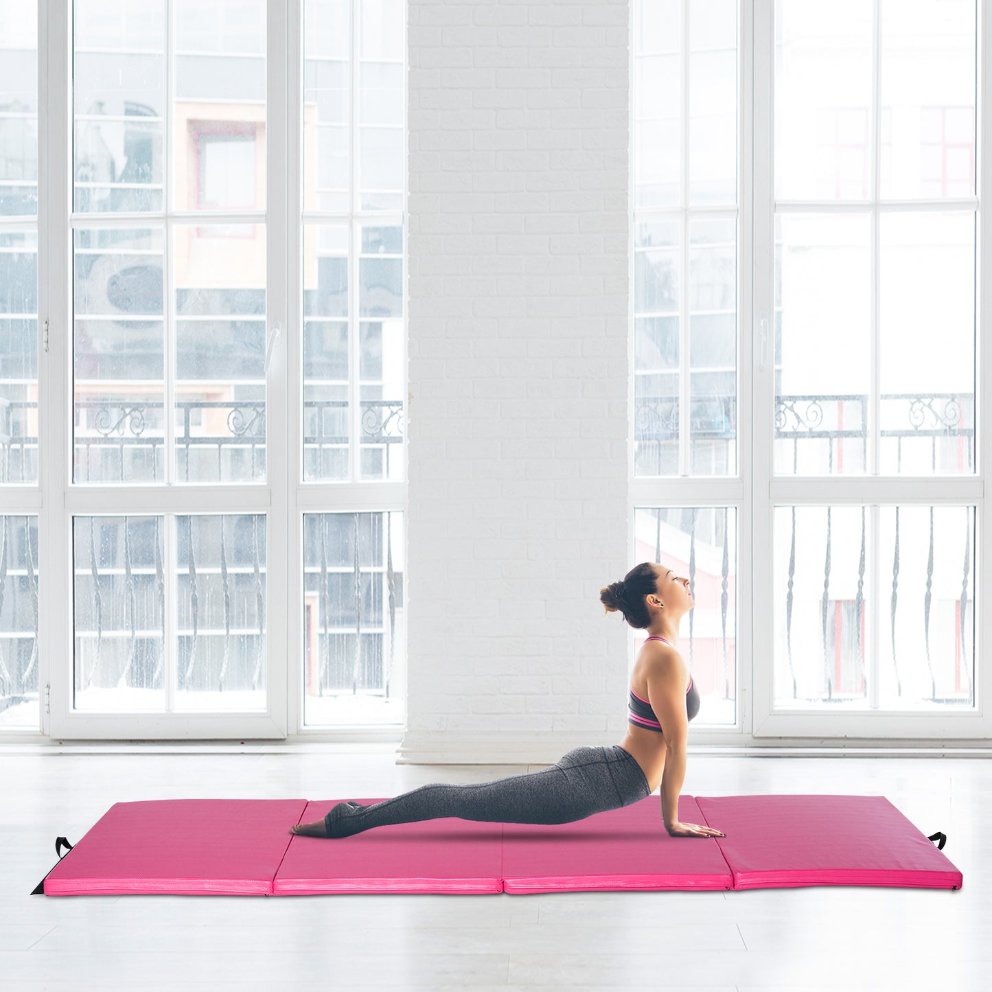 Soozier 4'x10'x2'' Folding Gymnastics Tumbling Mat, Exercise Mat with Carrying Handles for Yoga, MMA, Martial Arts, Stretching, Core Workouts, Pink