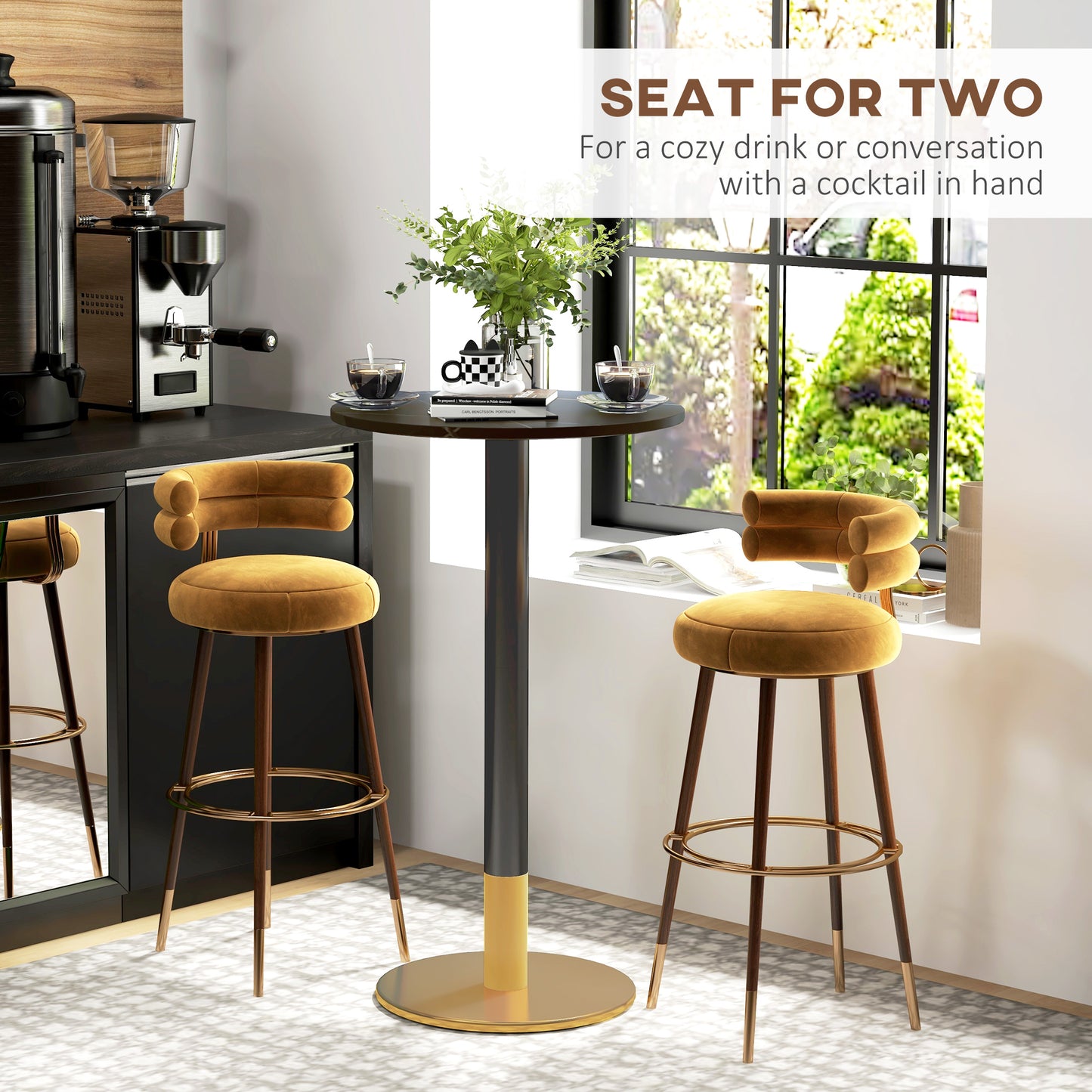 HOMCOM High Top Bar Table, Modern Round Dining Table with Faux-marbled Top and Gold Base, Bistro Table for 2 People, Black