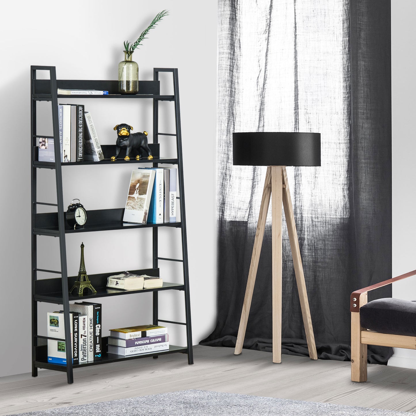 HOMCOM Modern Bookshelf Storage with 5-Tier Wide Shelving, Metal Frame, Wooden Bookcase for Living Room Library Home Furniture, Black