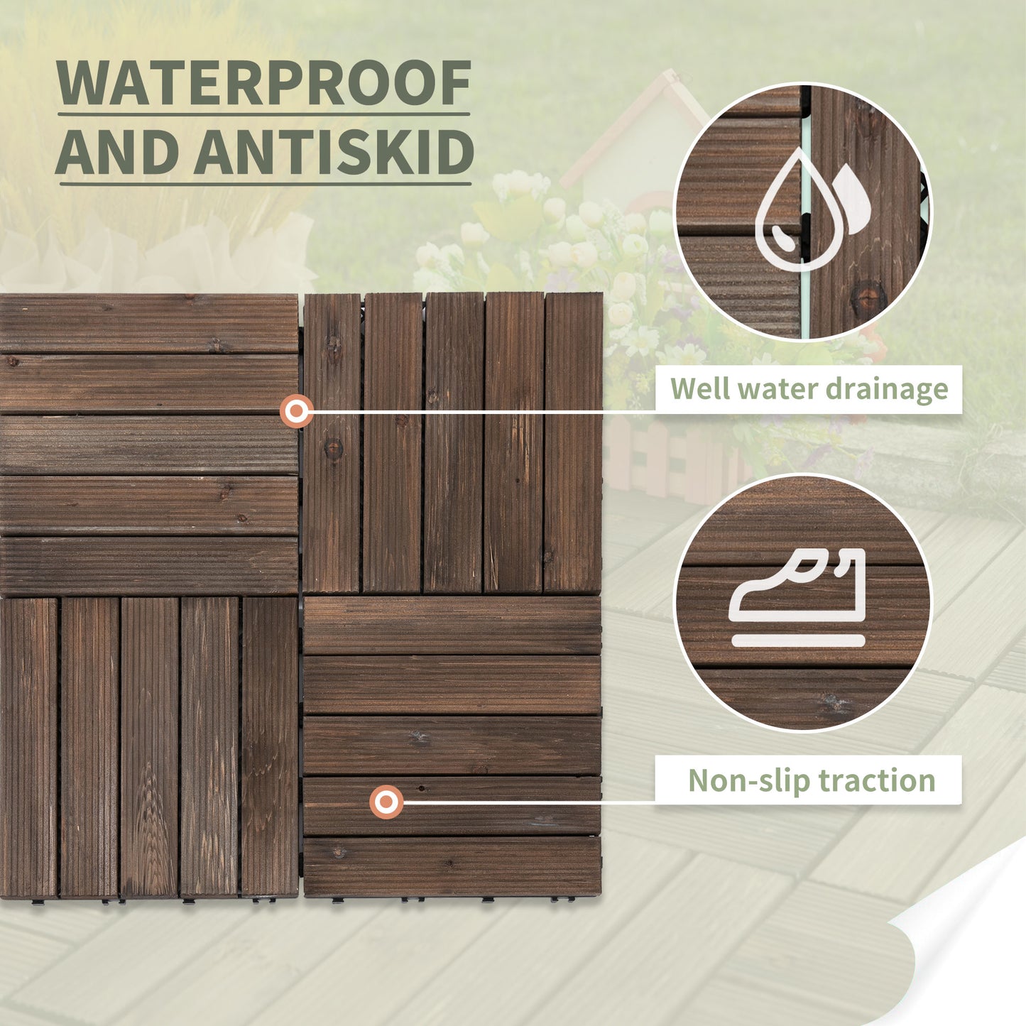Outsunny 27 Pcs Wood Interlocking Deck Tiles, 12 x 12in Outdoor Flooring Tiles for Indoor and Outdoor Use, Tools Free Assembly, Black